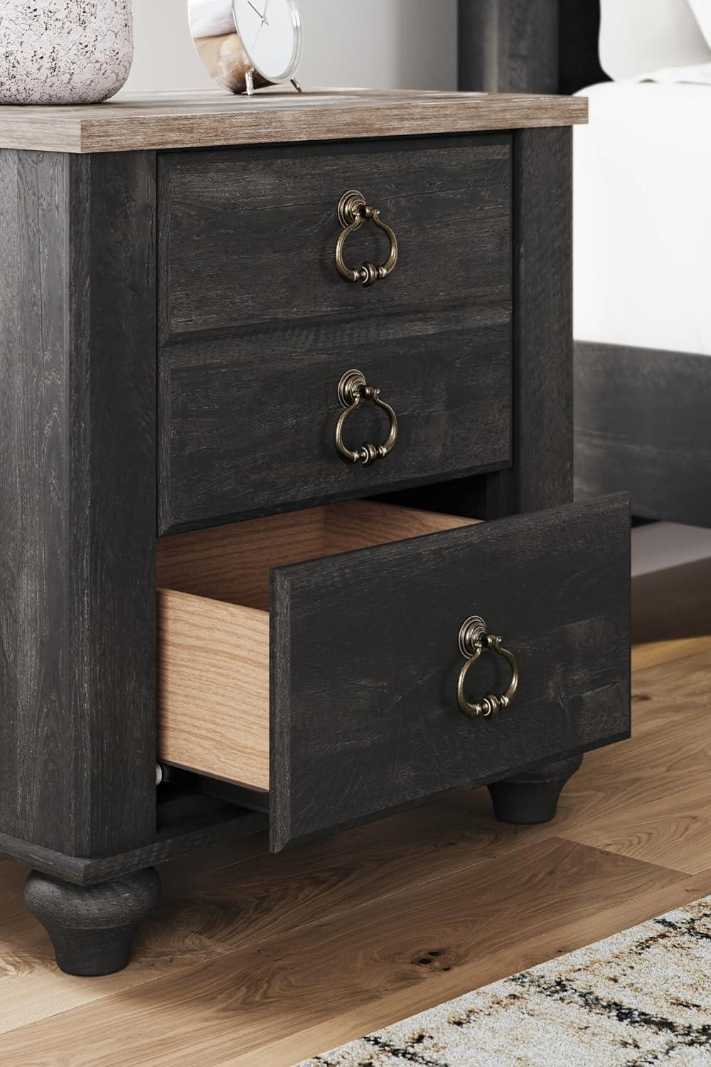 Beige and Black 2-Drawer Nightstand with USB Ports