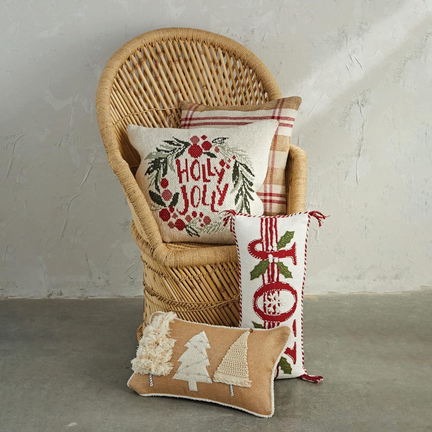 Creative Co-Op 20' L x 12' H Jute & Cotton Lumbar Pillow w/Appliqued & Embroidered Trees, Gold Bells & Beads, Natural & Cream Color