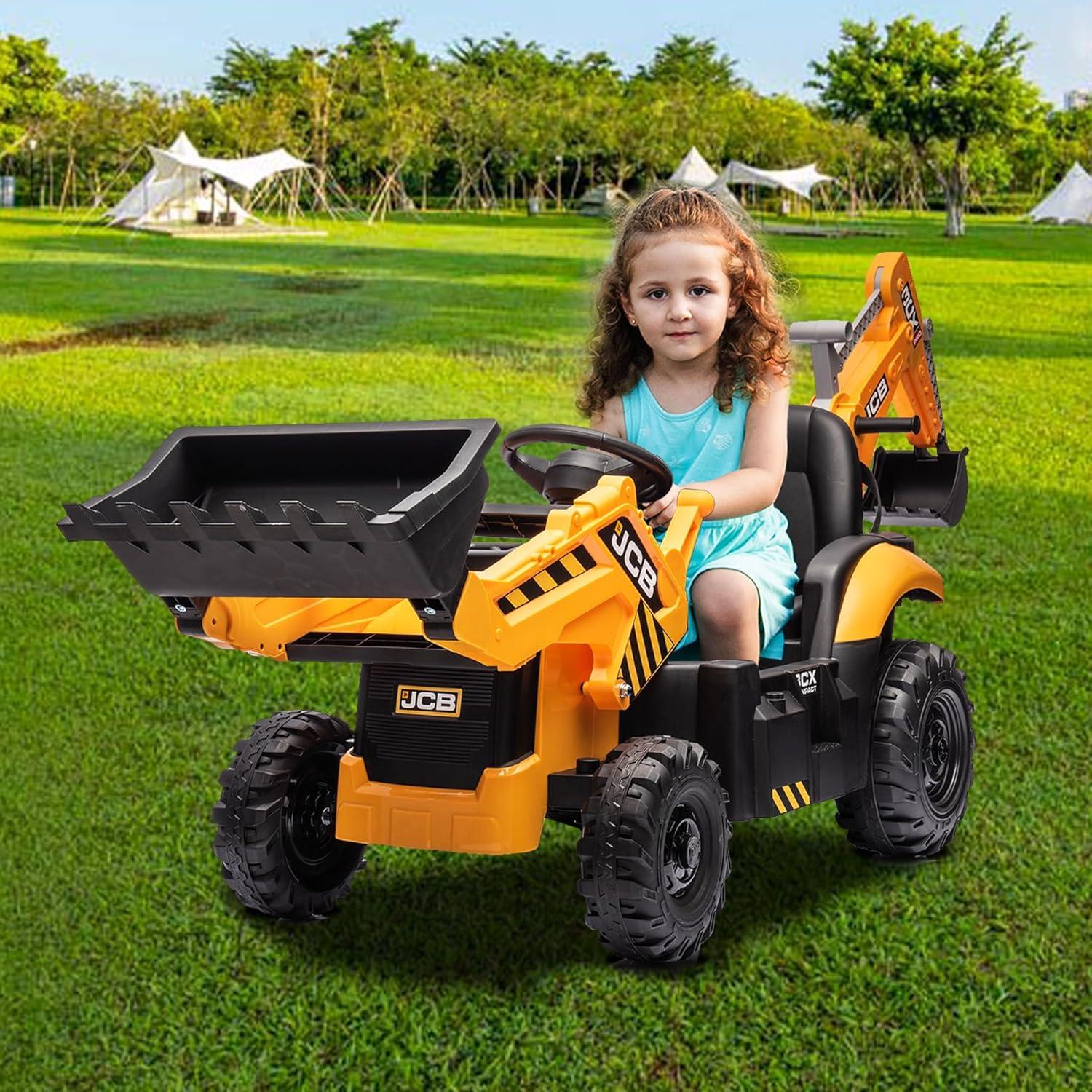 24V JCB Ride on Excavator Toy, 3 in 1 Ride on Tractor Truck with Remote Control, Battery Powered Ride on Bulldozer Kids Electric Vehicles with Front Loader Bulldozer, Digger, Adjustable Seat, Yellow