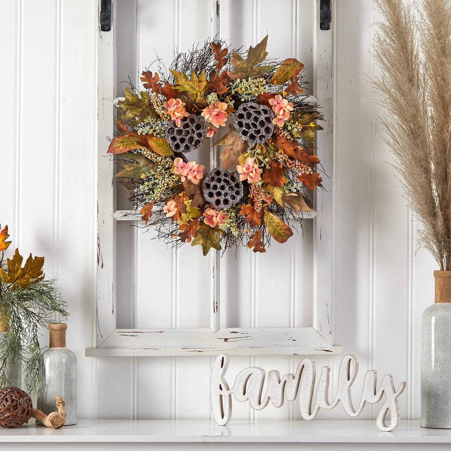 Nearly Natural 22” Autumn Hydrangea, Dried Lotus Pod Artificial Fall Wreath
