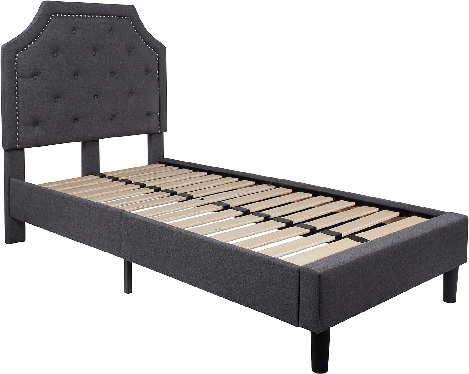 Dark Gray Twin Upholstered Platform Bed with Nailhead Trim
