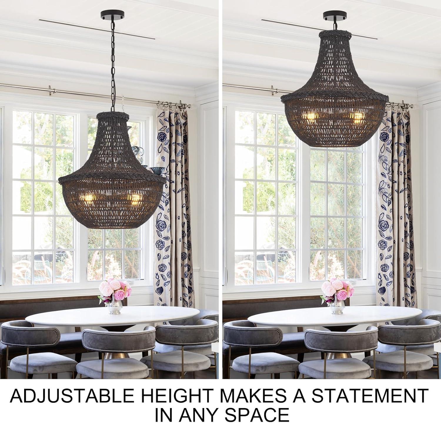 19.69" Boho Black Rattan Chandelier Vintage 4-Lights Farmhouse Hand-Woven Bamboo Basket Chandelier Light Fixture Rustic Wicker Rattan Chandeliers for Dining Room, Kitchen, Living Room
