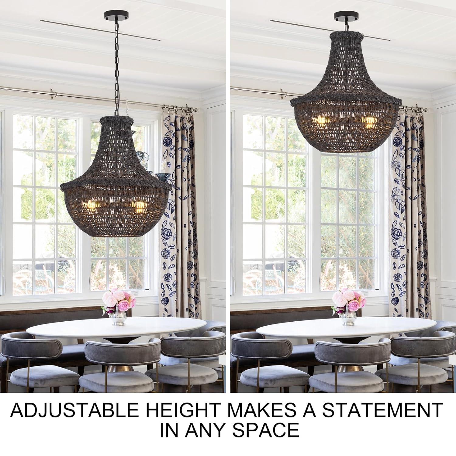 19.69" Boho Black Rattan Chandelier Vintage 4-Lights Farmhouse Hand-Woven Bamboo Basket Chandelier Light Fixture Rustic Wicker Rattan Chandeliers for Dining Room, Kitchen, Living Room