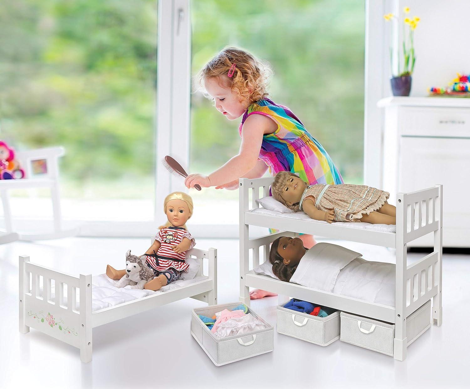 Badger Basket 1-2-3 Convertible Doll Bunk Bed with Bedding, Baskets, and Free Personalization Kit