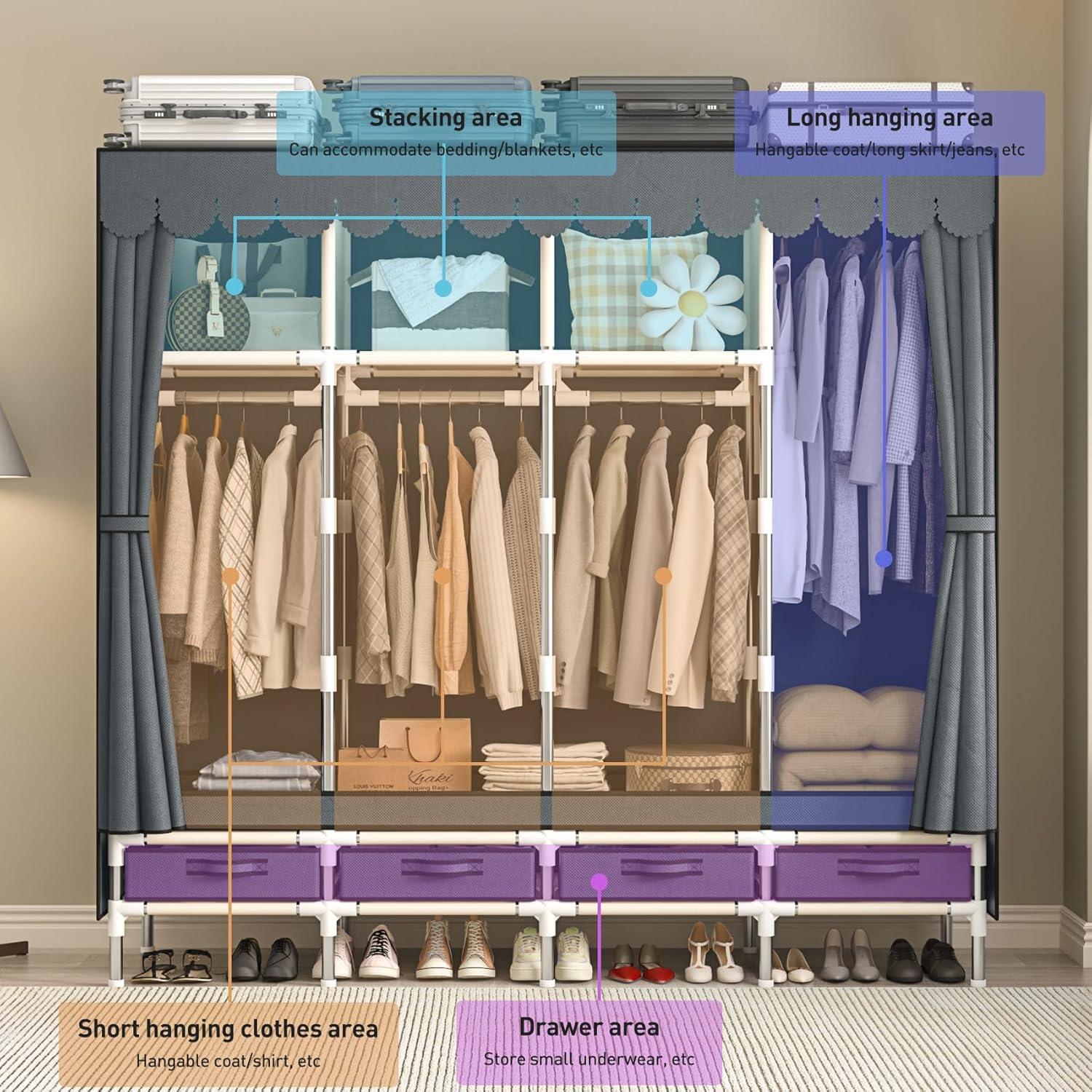 Large Portable Wardrobe with 4 Hanging Rods and Drawers, Armoire, Metal Storage Wardrobe Hangers, Upgraded Grey Non-Woven Dust Cover for Handing Closet,Large Closets for Bedroom