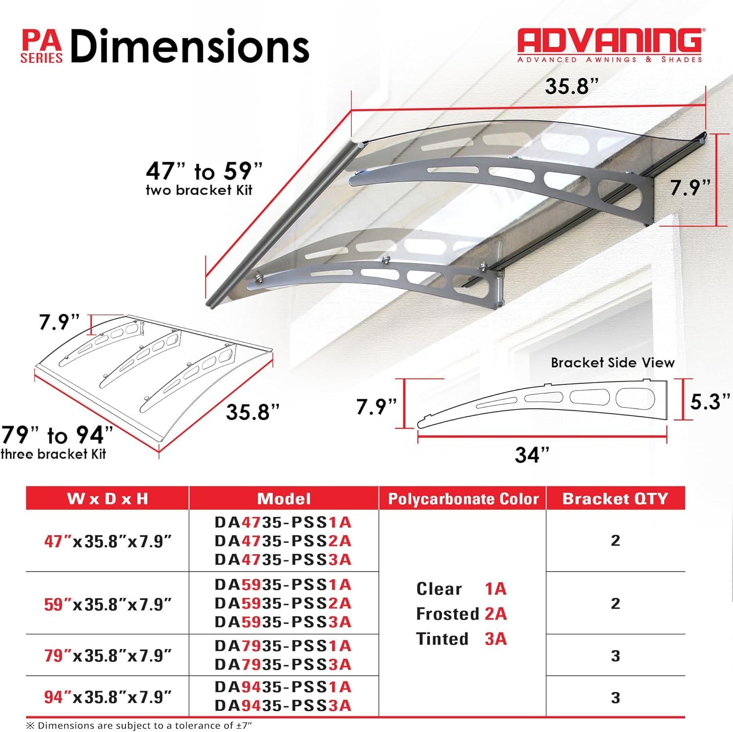 PA Series 2' 11 13/32" D Convex Door Awning
