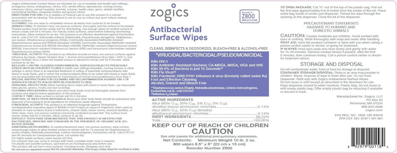 Zogics Antibacterial Bleach-Free Commercial Surface Wipes, 800 Count