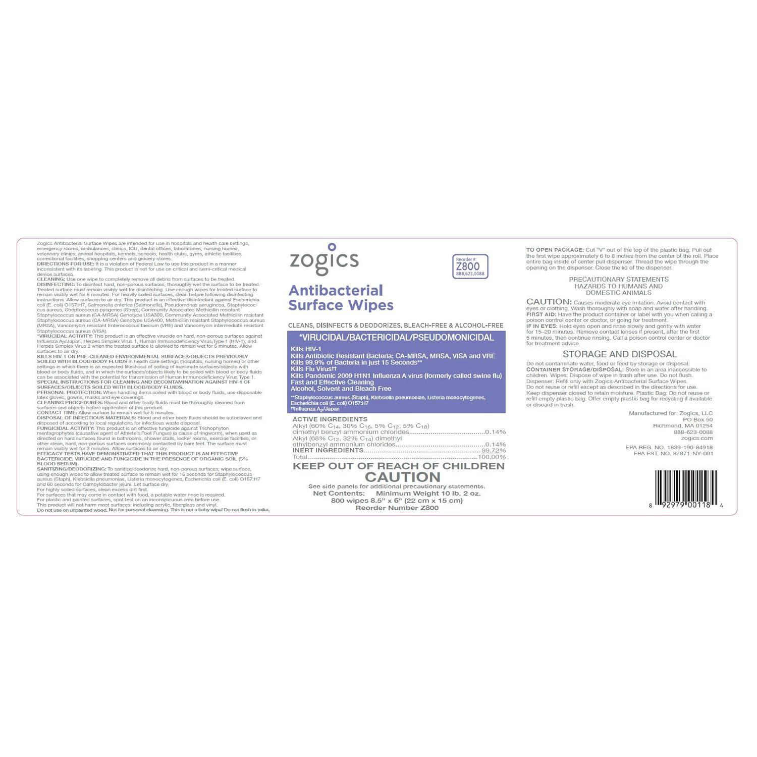 Zogics Antibacterial Bleach-Free Commercial Surface Wipes, 800 Count