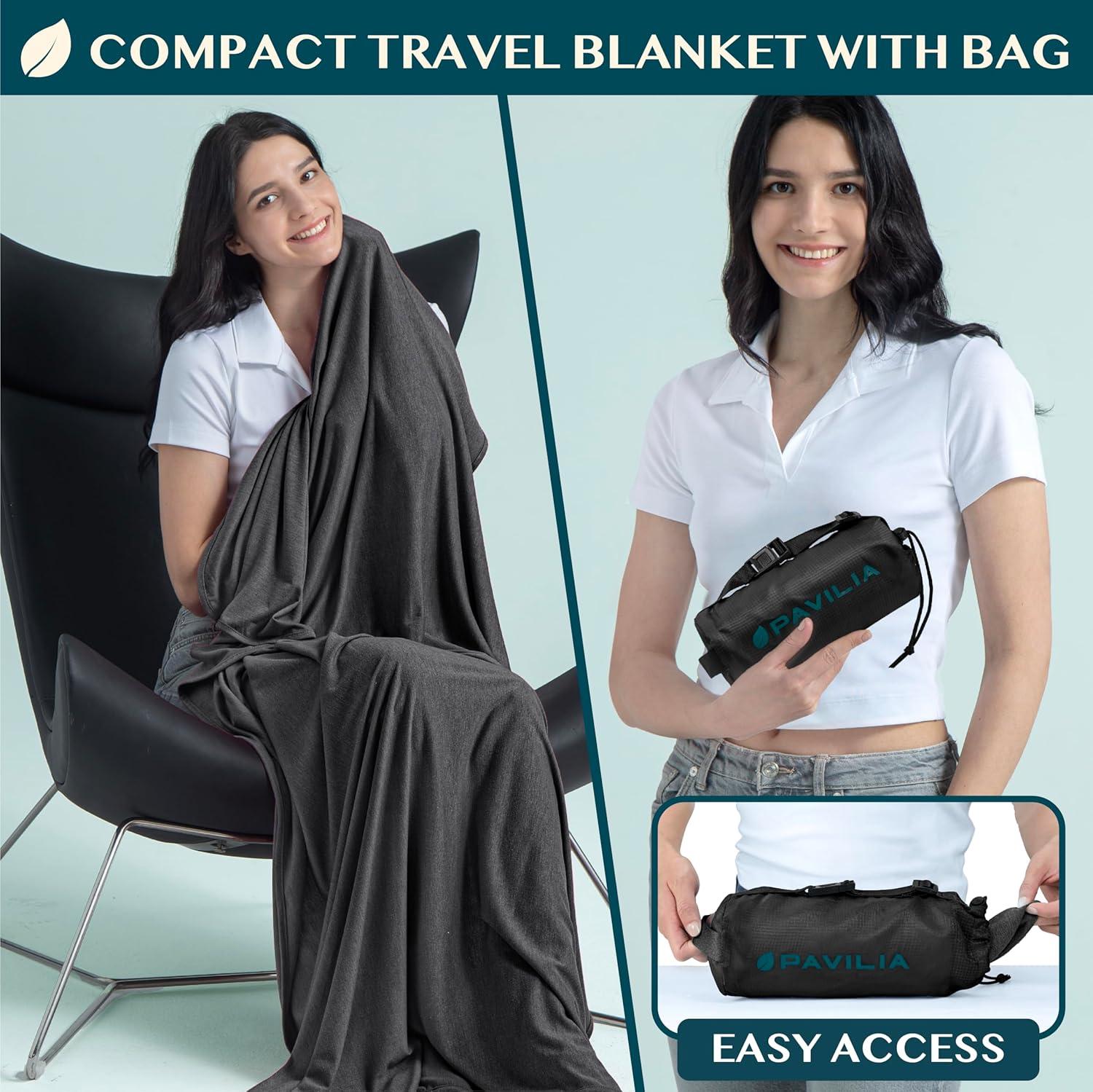 PAVILIA Travel Blanket Airplane Compact with Bag, Soft Packable Plane Throw Portable Camping Flight Essentials, Travelers Gifts Accessories, Black