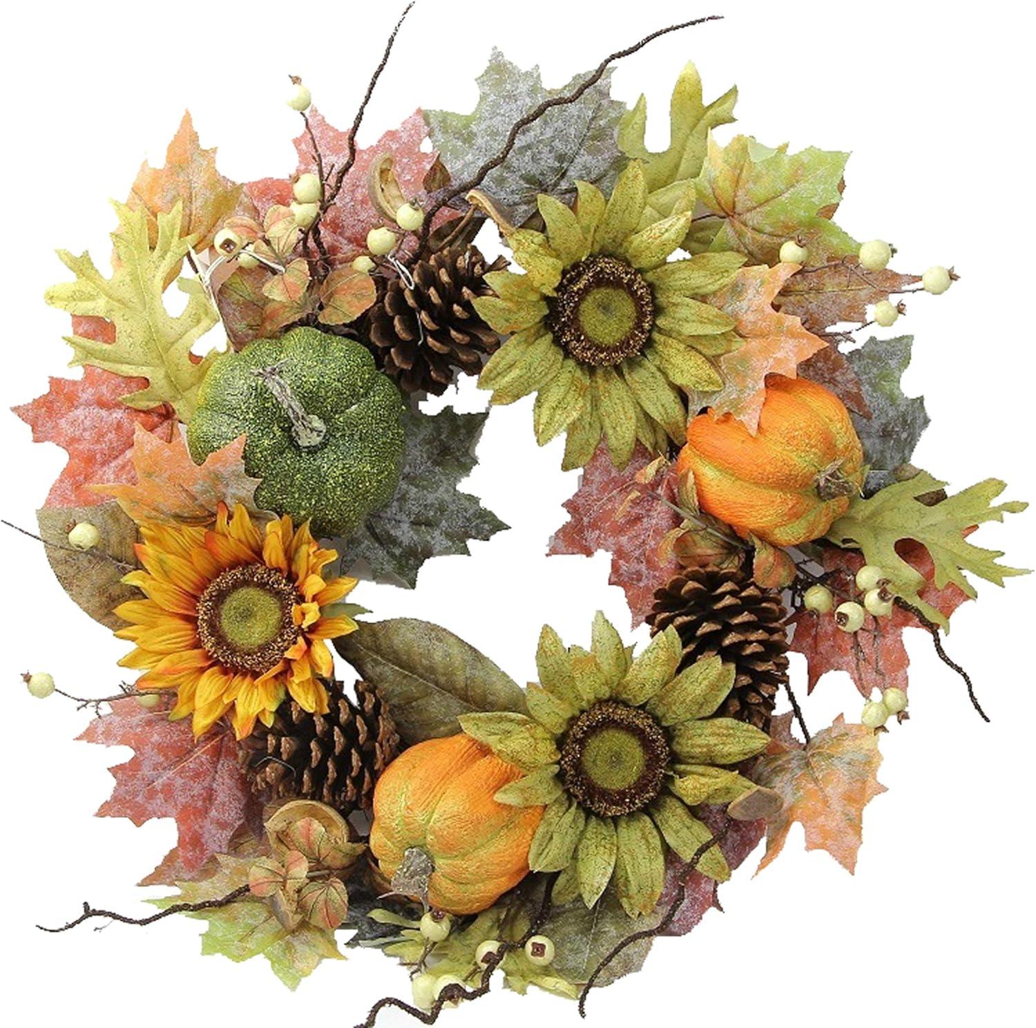 24-Inch Artificial Fall Sunflower and Pumpkin Wreath