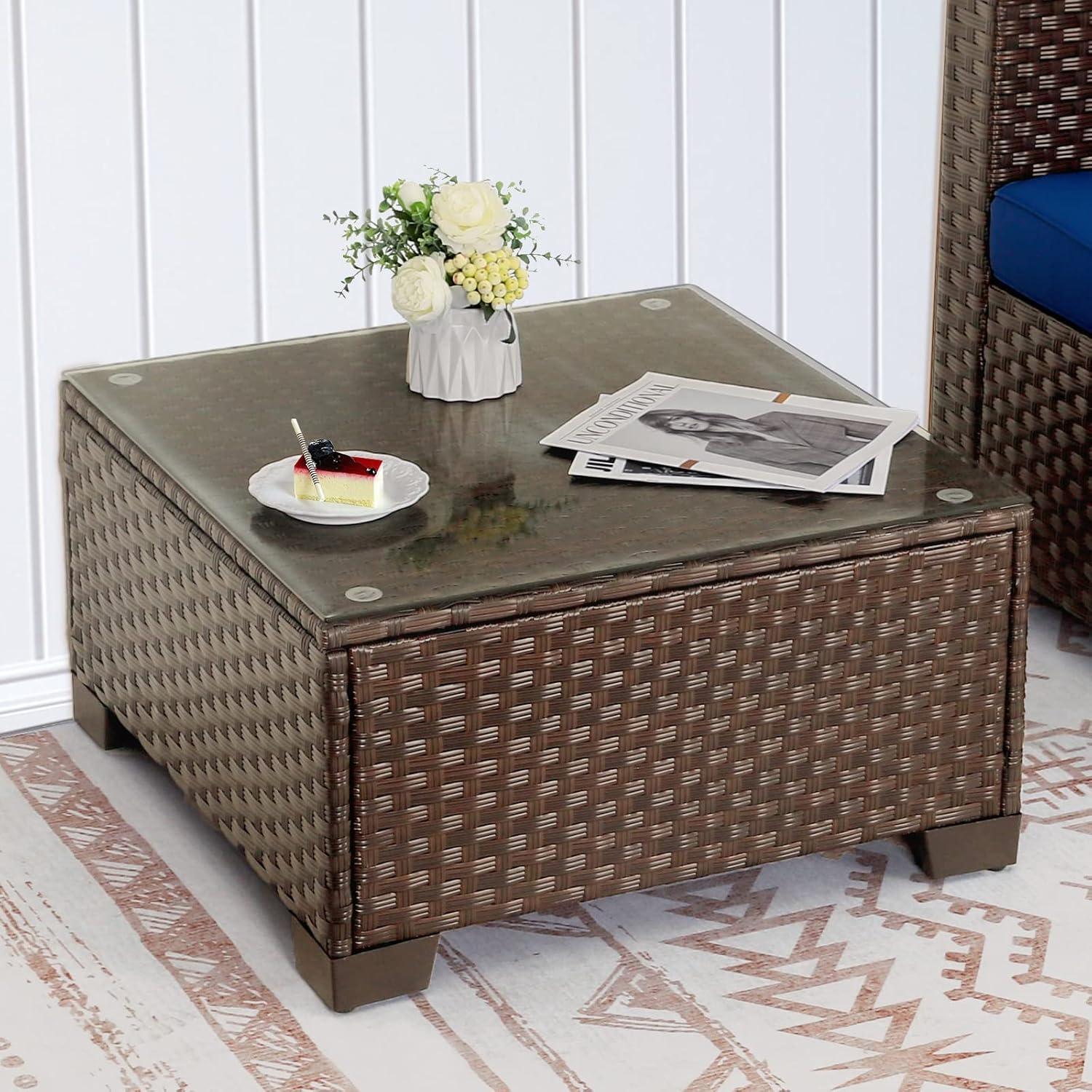 Brown Wicker Outdoor Coffee Table with Tempered Glass Top