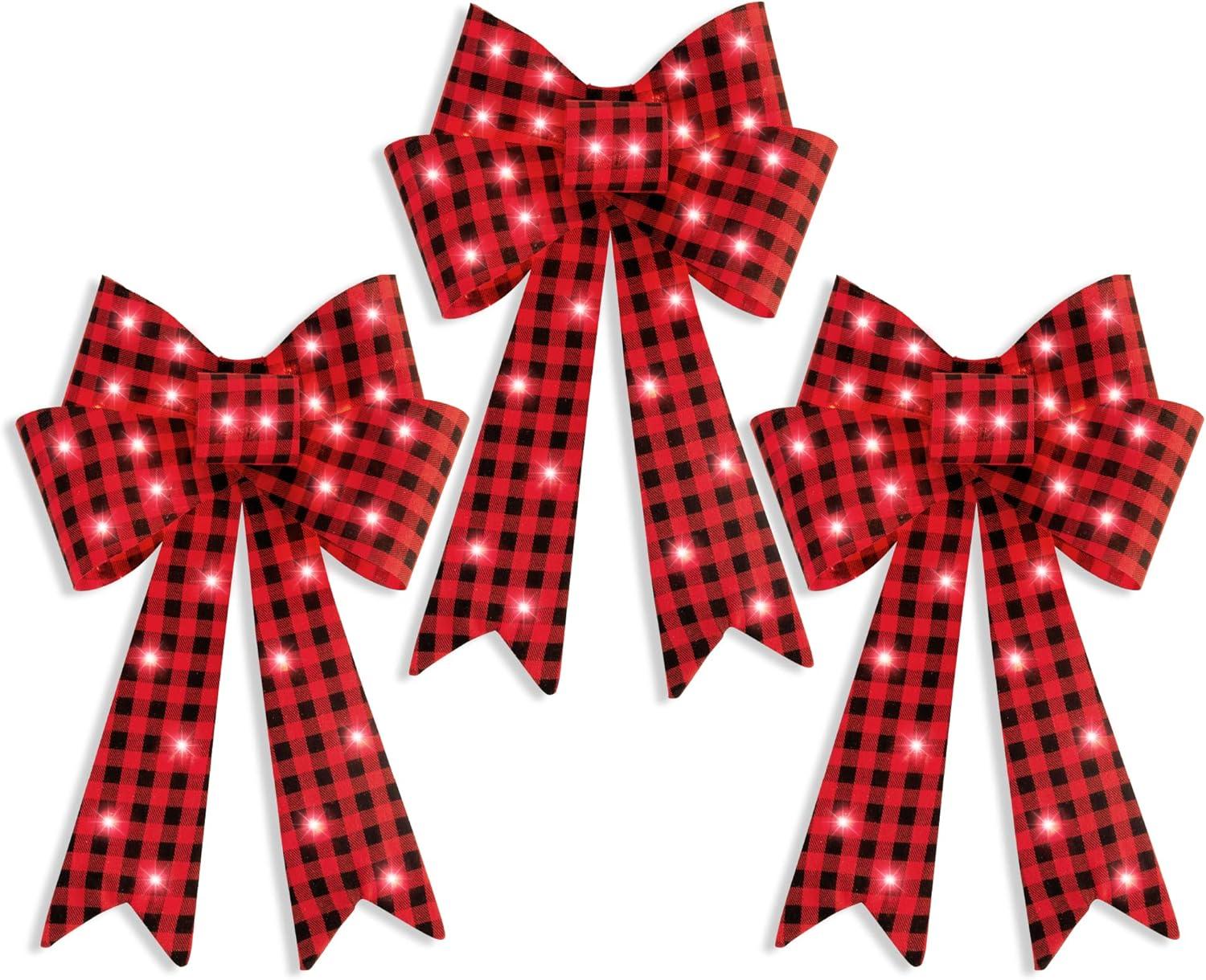 Set of 3 Red and Black Plaid Pre-Lit Christmas Bows