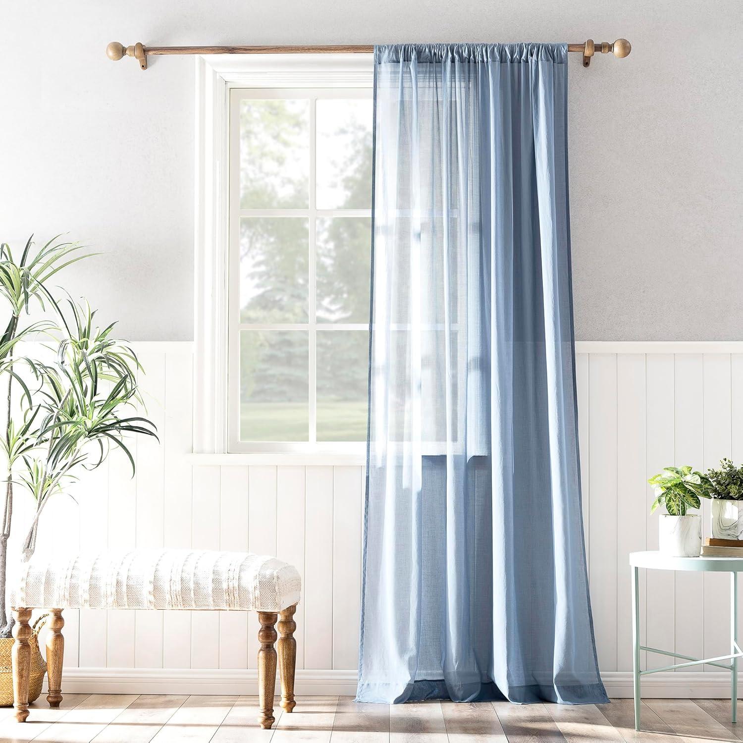 Denim Blue Cotton Sheer Rod Pocket Curtain Panel 50" x 63"