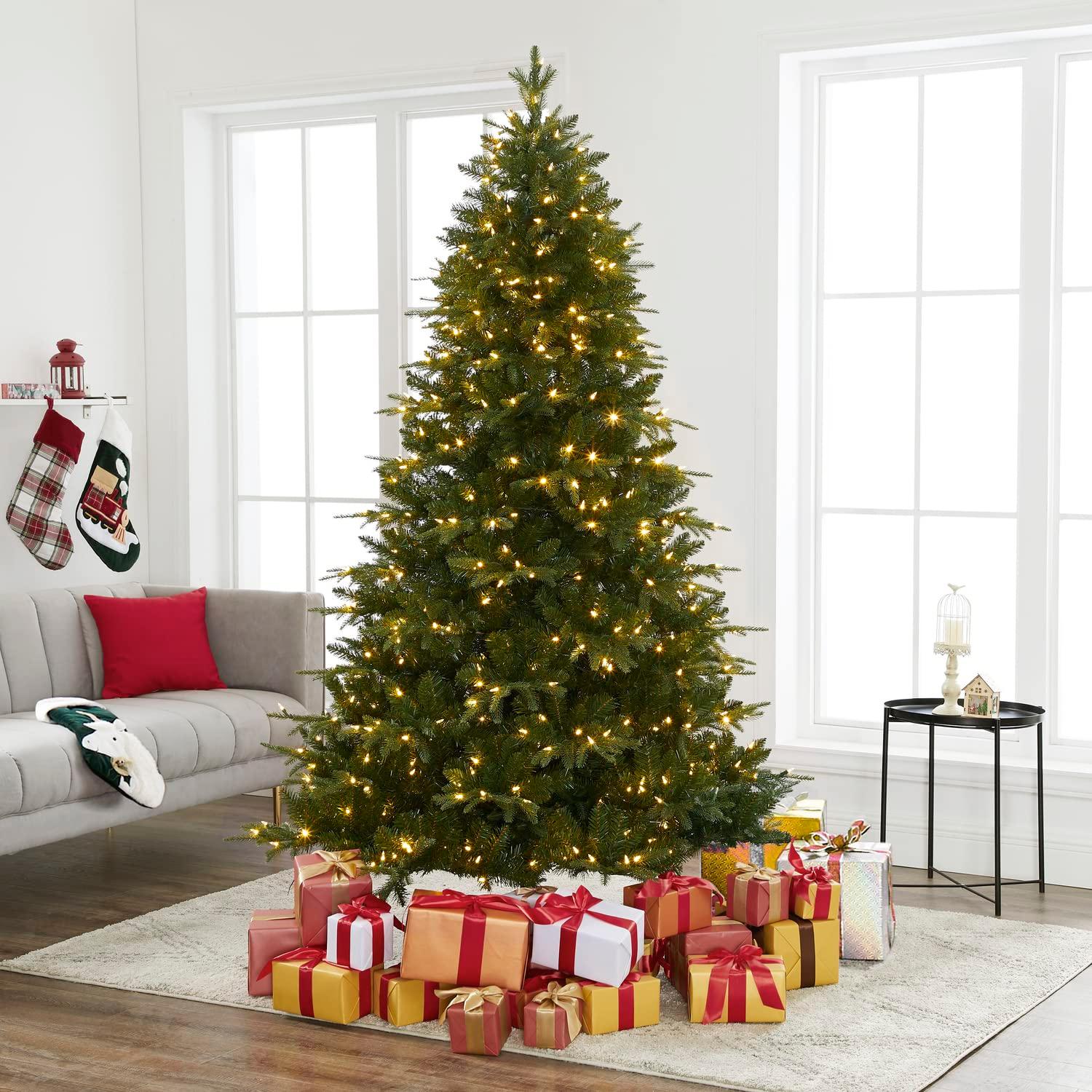 Naomi Home Traditional Artificial Pine Fir Christmas Tree with Lights-Base:Included,Color:Green,Size:6.5 ft