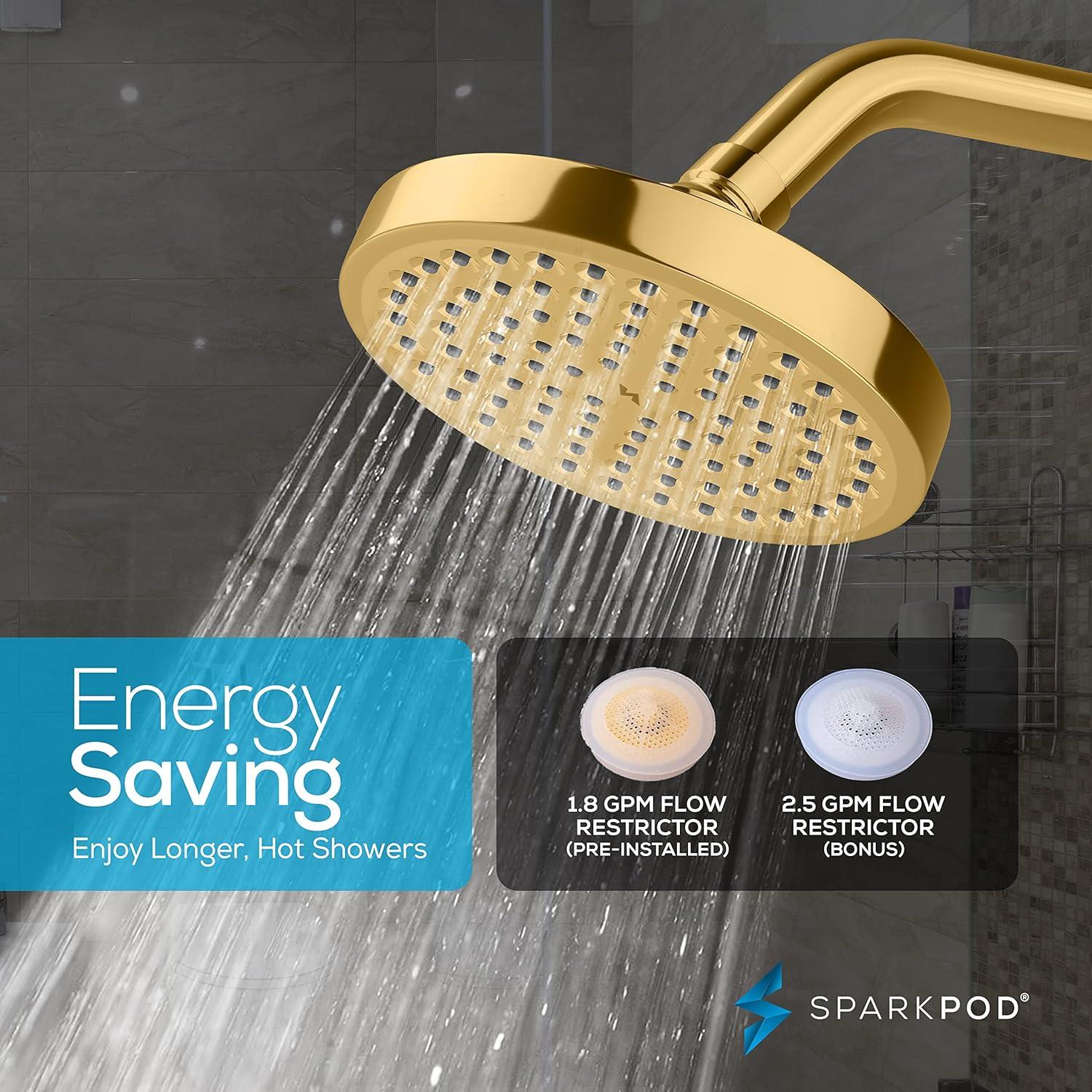 SparkPod 6" Rain Shower Head with 6" Shower Arm - High Pressure Rain - Luxury Modern Look - No Hassle Tool-less 1-Min Installation - Water Saving Shower Head - Luxury Spa Experience (Egyptian Gold)