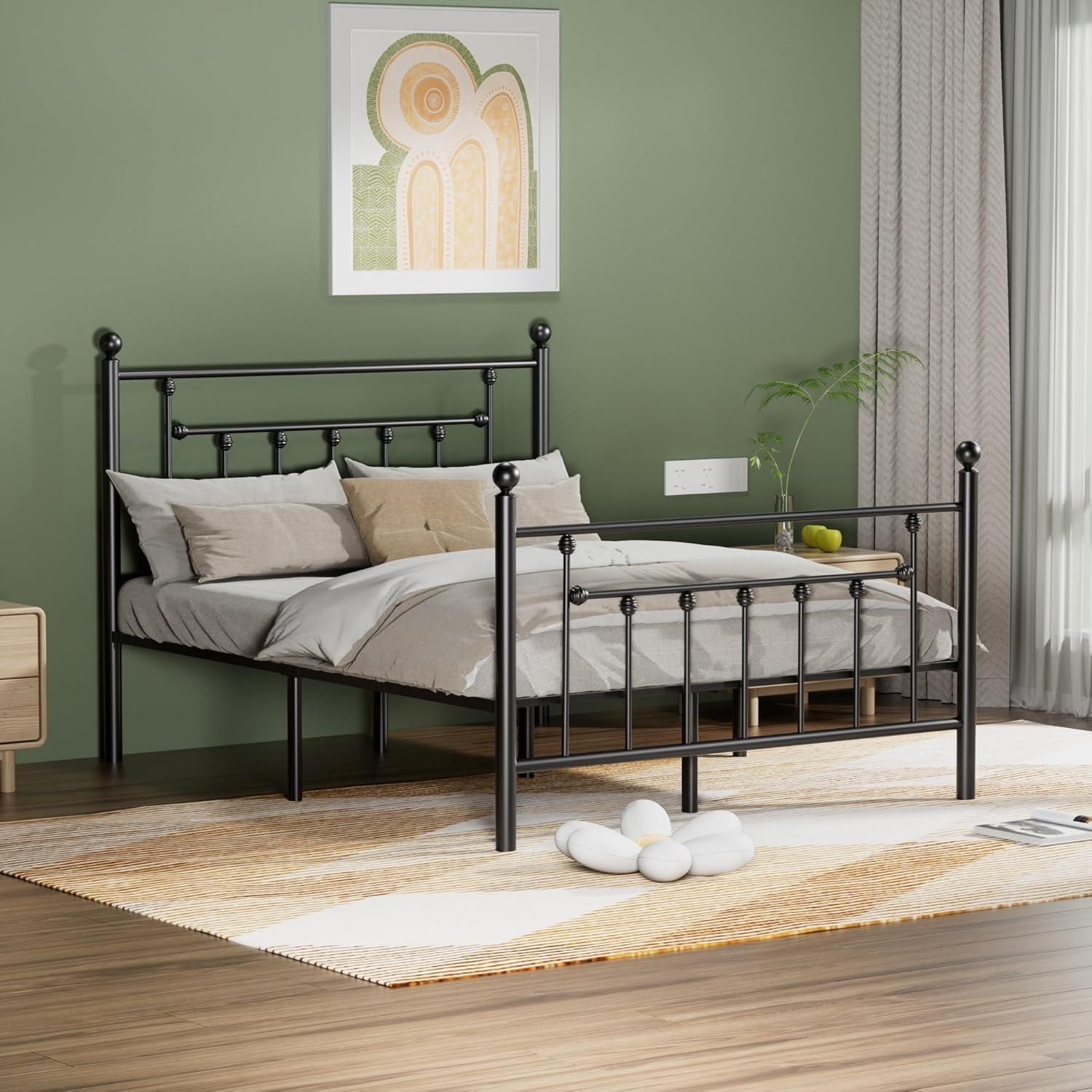 Black Metal Queen Platform Bed Frame with Headboard and Footboard