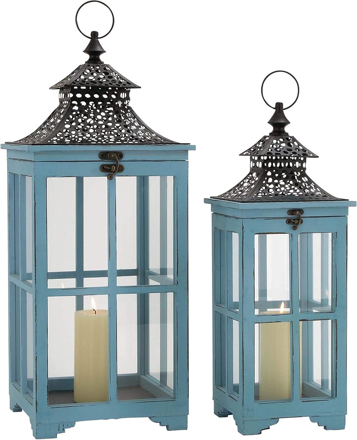 Coastal Blue Wood & Glass Hanging Candle Lantern Set