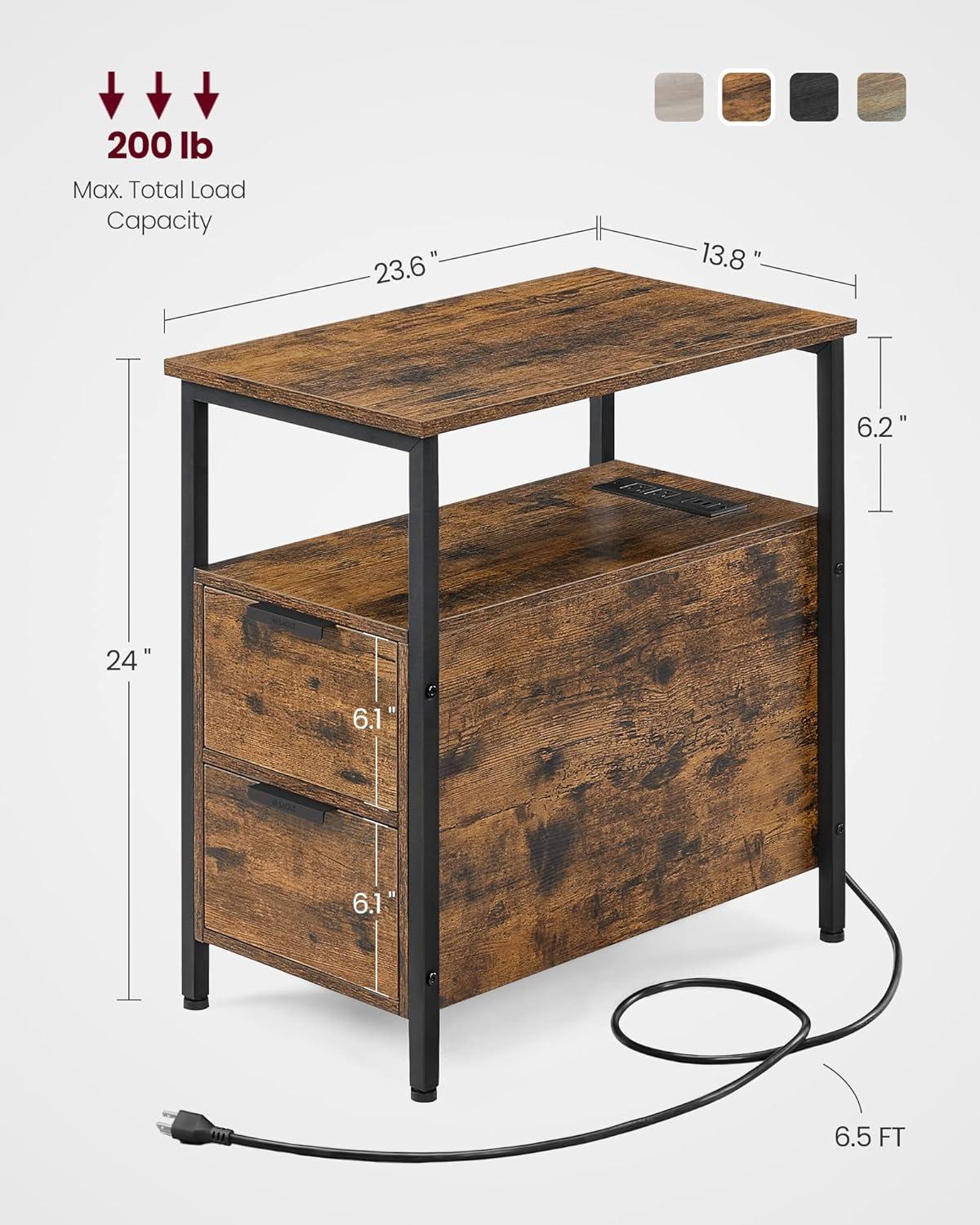 Rustic Brown and Black Wood Metal Side Table with Storage