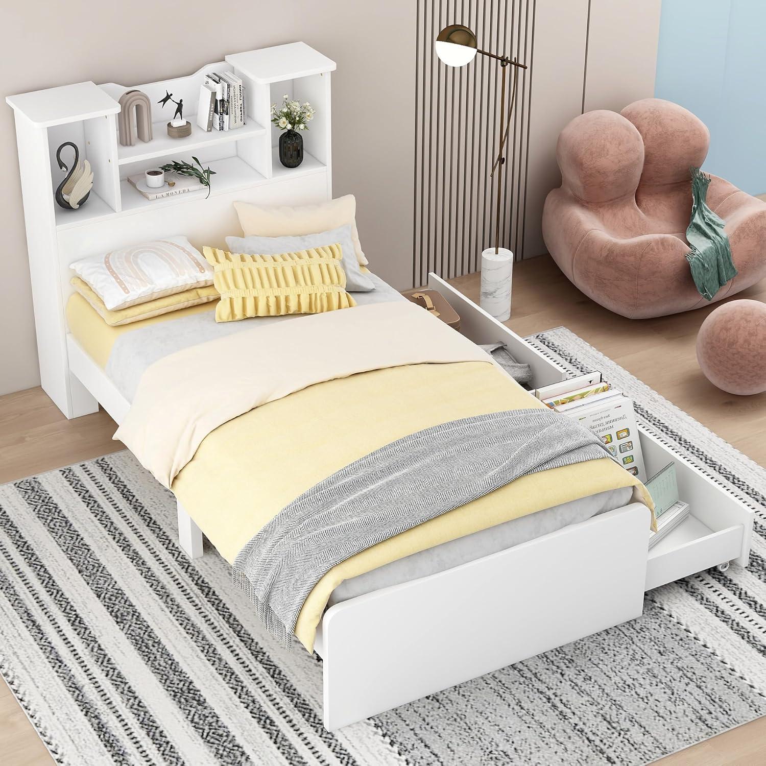 Harper & Bright Designs Twin Size Bed with Storage Headboard and Drawers, Solid Wood Twin Platform Bed Frame with 2 Drawers, 4 Shelves and LED Light, No Box Spring Needed - White