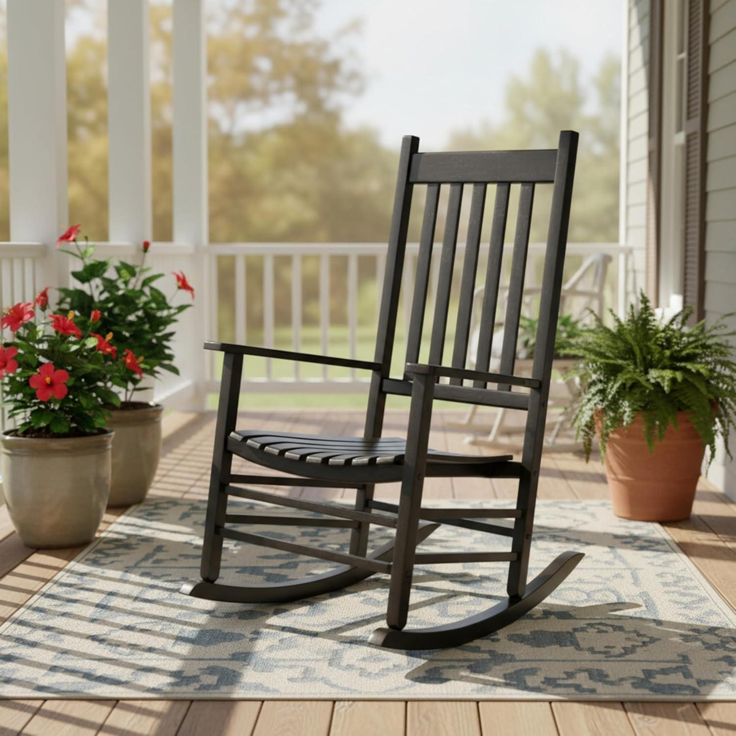 Shine Company Vermont Porch Rocker, High Back Wood Rocking Chair, Black