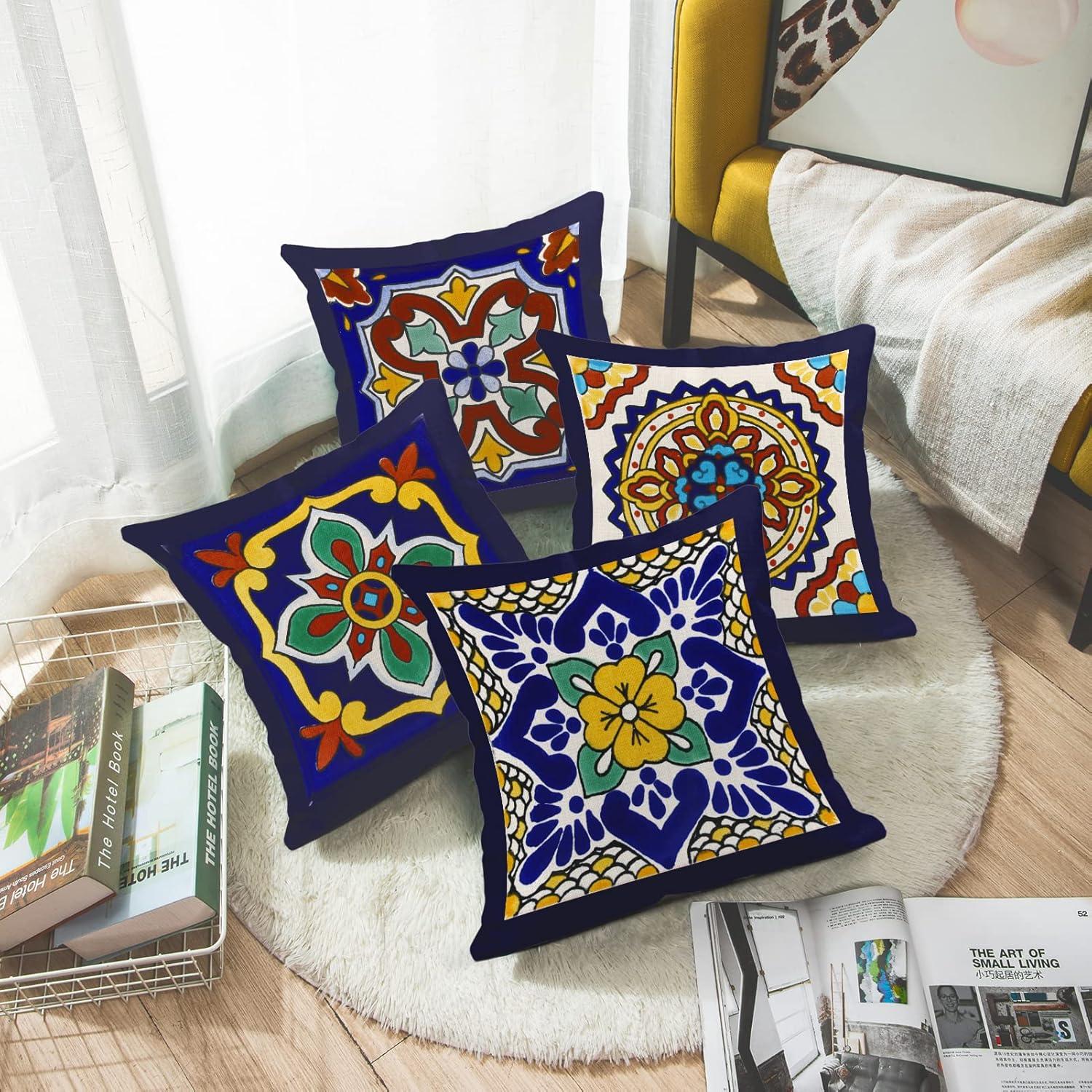 Exotic Geometry Linen Pillow Covers - Set of 4 Spanish Talavera Dark Retro Ethnic Home Decor 18"x18" Flax Cushion Cases Square Pillowcases