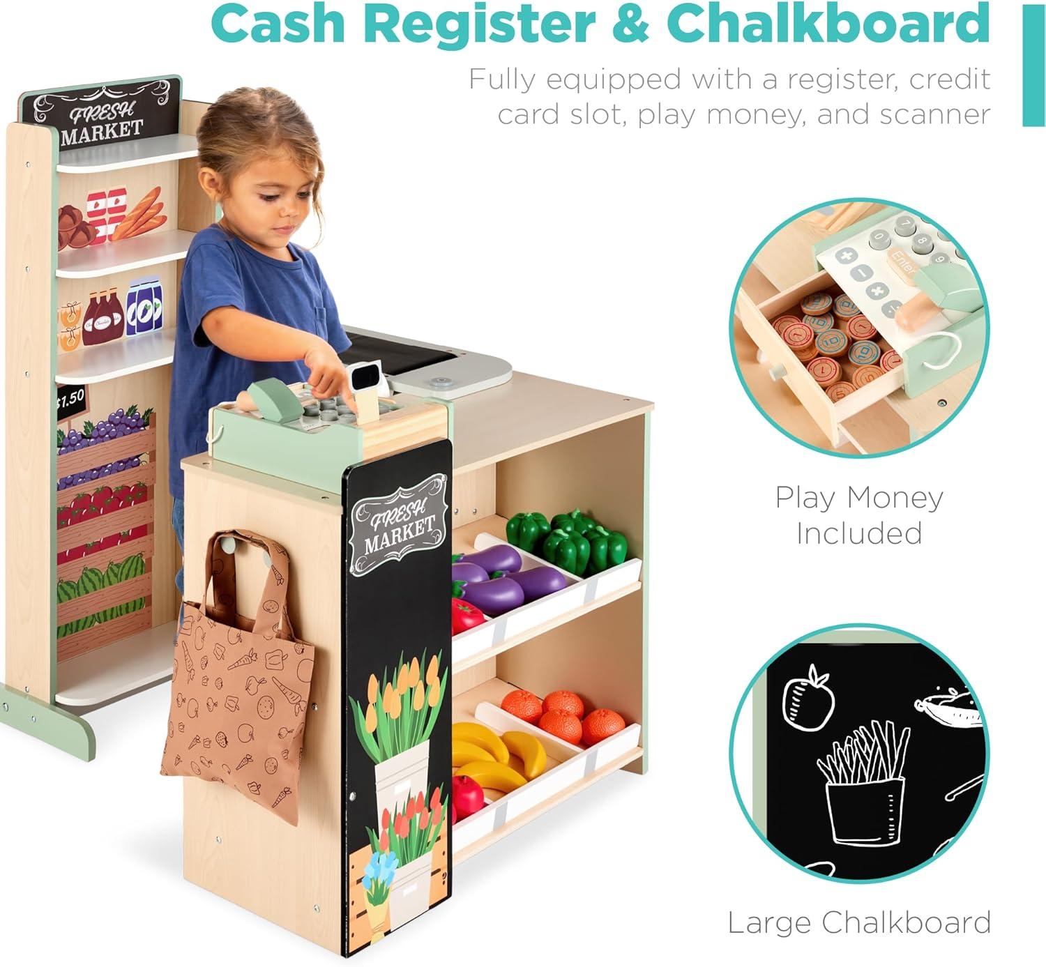 Best Choice Products Kids Pretend Play Grocery Store Wooden Supermarket Set w/ Chalkboard, Cash Register - Natural