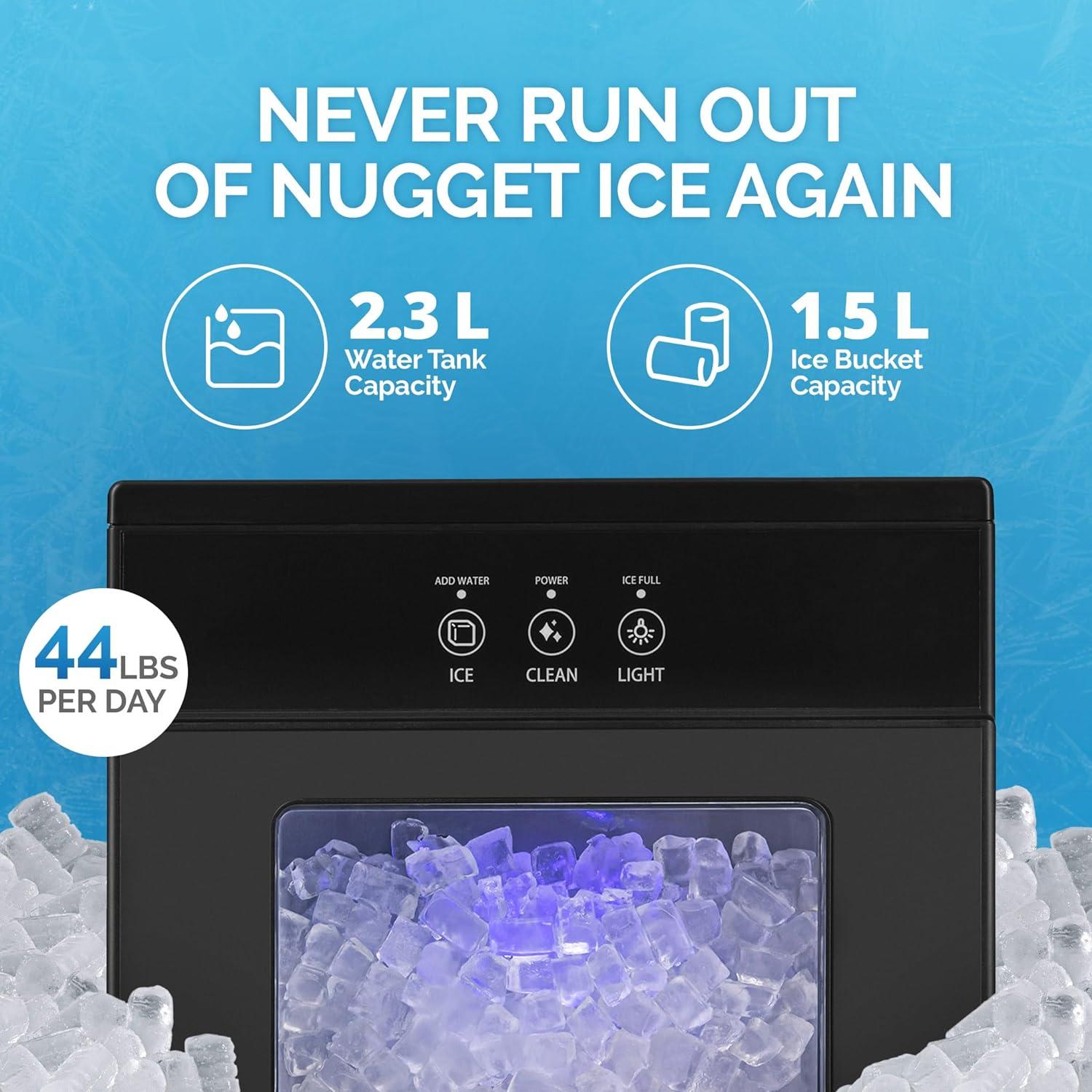 Newair 44 lbs. Nugget Countertop Ice Maker in Black Stainless Steel with Self-Cleaning Function, Perfect for Kitchens, Offices, Home Coffee Bars