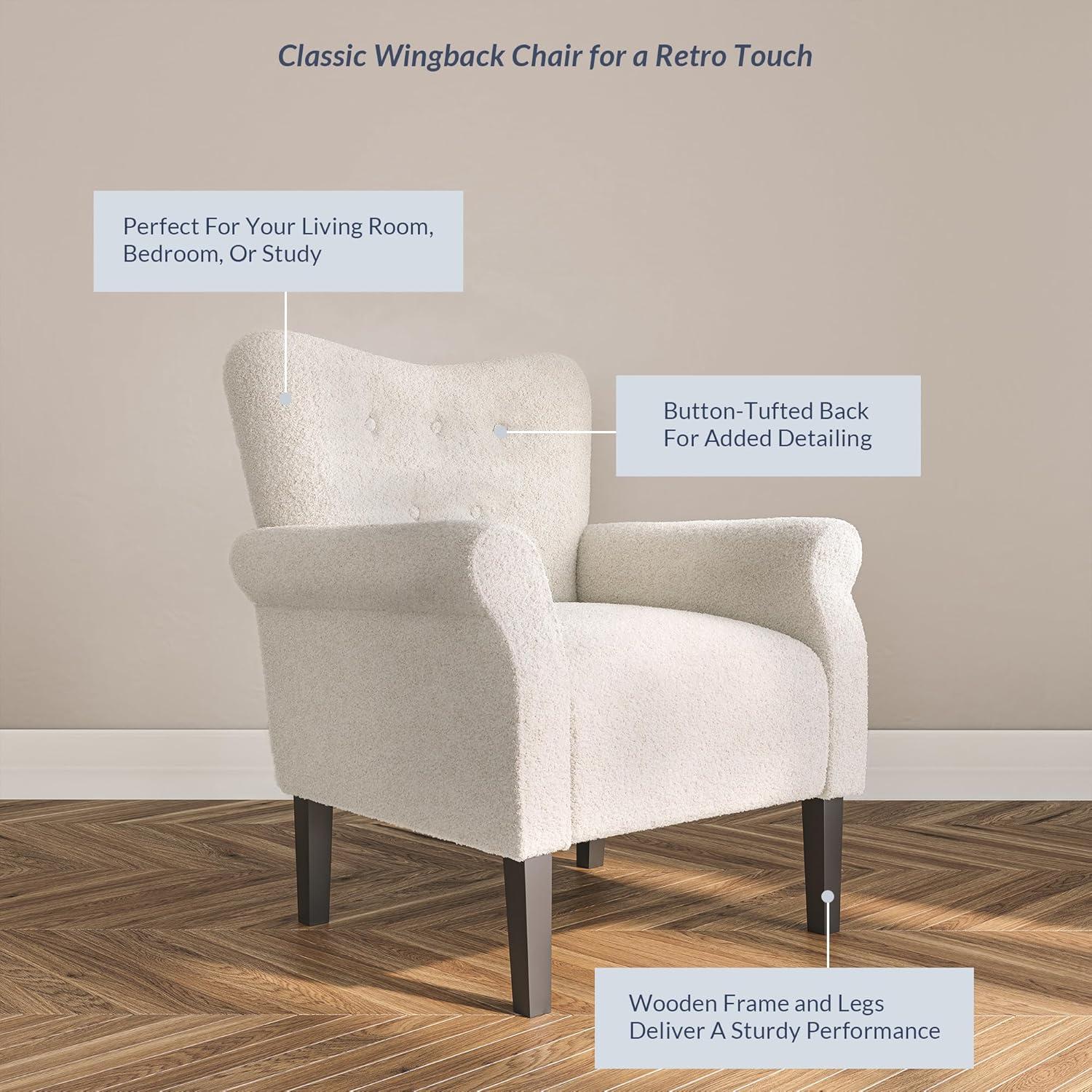 BELLEZE Modern Accent Chair Upholstered Teddy Fleece Armchair for Living Room or Bedroom with Wooden Legs, High Back Rest, Padded Armrest, and Comfortable Cushioned Seat - Allston (White)