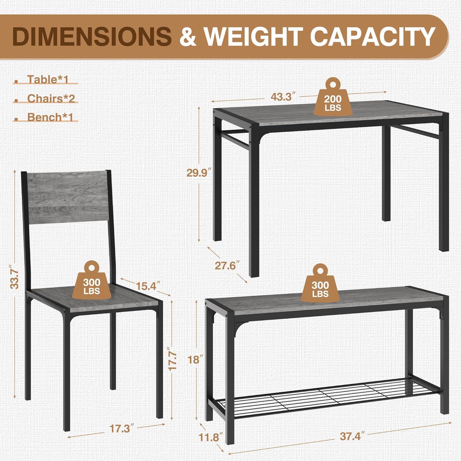 Homall Dining Table and 2 Chairs for 4 with Bench,4 Pices Indoor Outdoor Kitchen Living Room Furniture Garden Desk Set, Grey