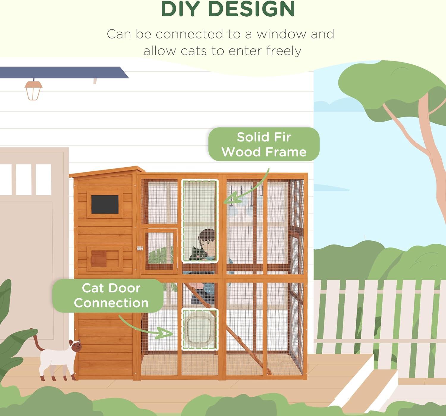 PawHut Catio Outdoor Cat Enclosure, Wooden Cat Patio with Platforms, Waterproof Asphalt Roof, Ramps, 77" L, Natural