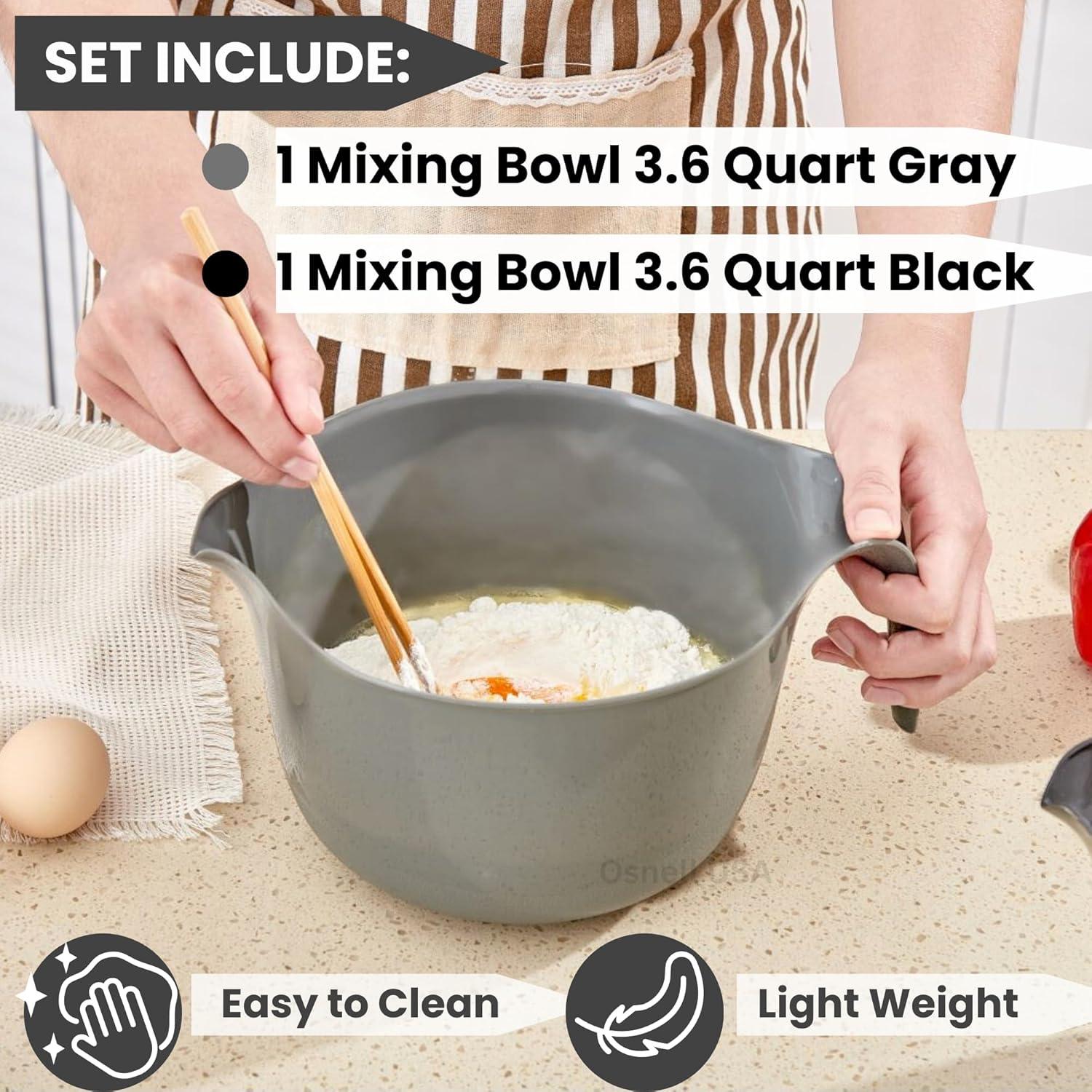 Large Mixing Bowl Set of 2, Plastic Mixing Bowls with Handles & Pour Spout - Batter Bowl Set Black & Gray