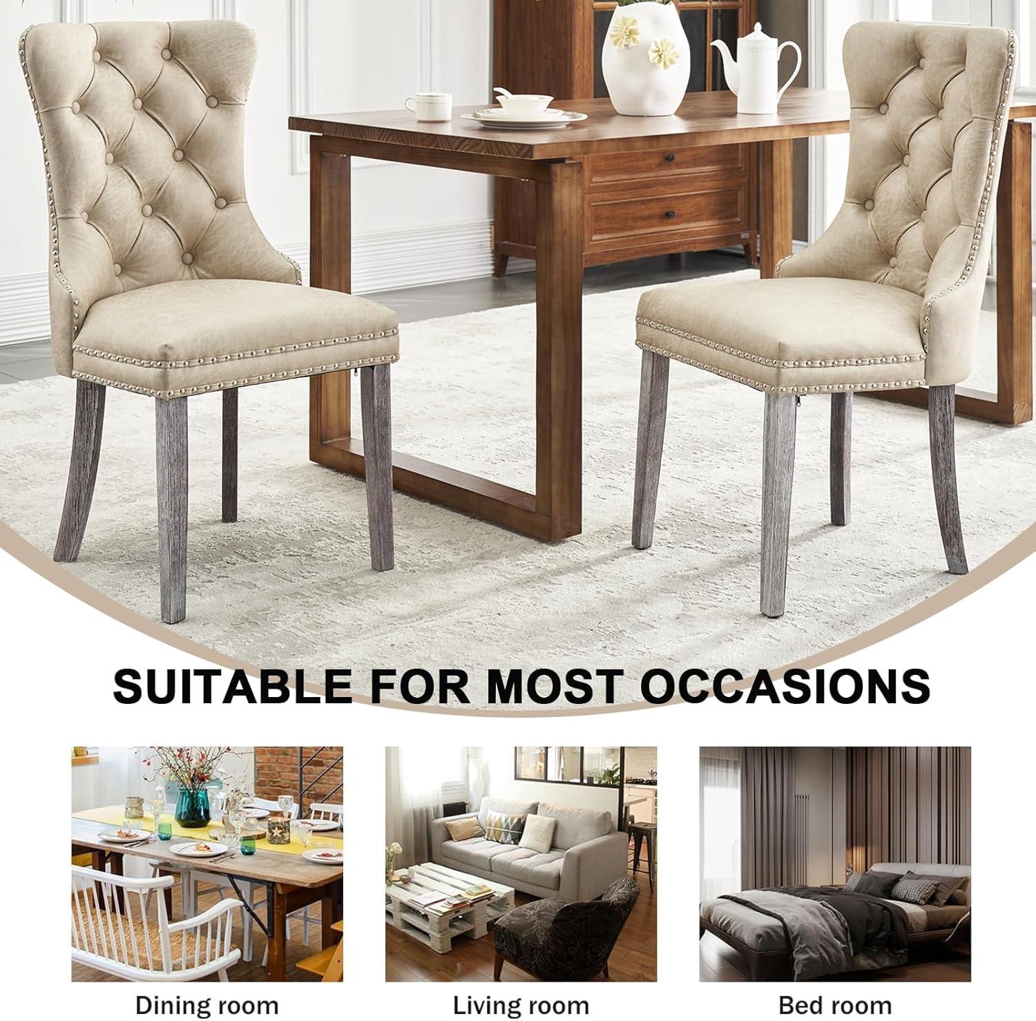 BELLEZE Upholstered Dining Chairs Set of 2, Velvet Luxury Dining Room Chairs with Button Back, Nailhead Trim, Pull-ring, Solid Wood Legs for Kitchen, Living Room, Restaurant - Chandler (Beige)