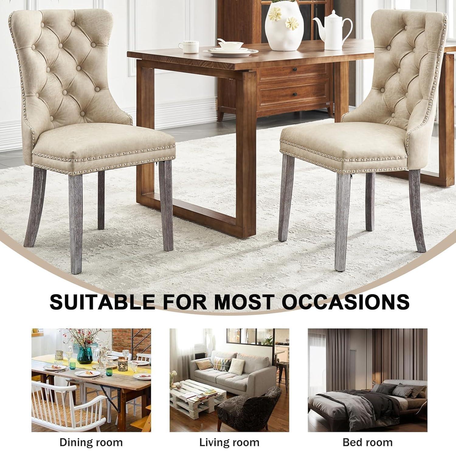 BELLEZE Upholstered Dining Chairs Set of 2, Velvet Luxury Dining Room Chairs with Button Back, Nailhead Trim, Pull-ring, Solid Wood Legs for Kitchen, Living Room, Restaurant - Chandler (Beige)