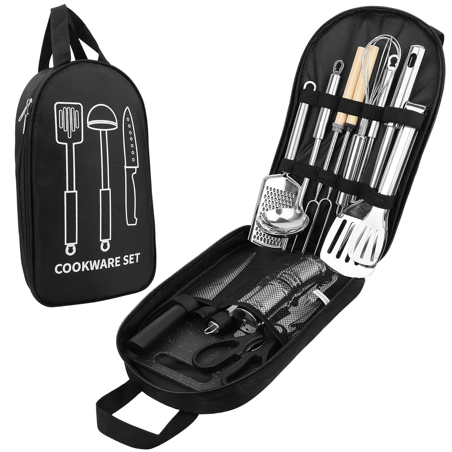 Camping Cooking Utensils Set, Stainless Steel Grill Tools, Camping BBQ Cookware Gear and Equipment for Travel Tenting RV Van Picnic Portable Kitchen Essentials Accessories