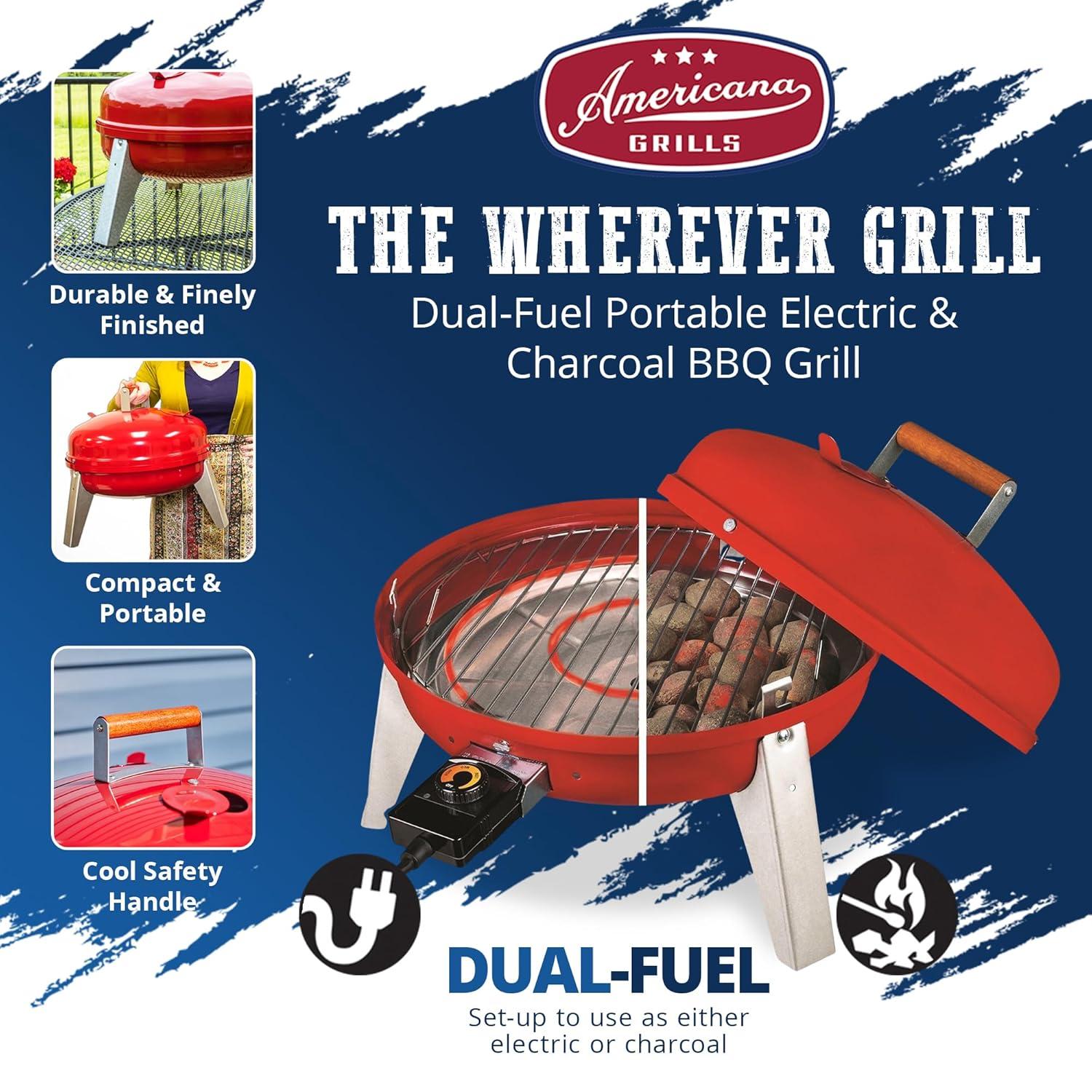 The Wherever Portable Dual Fuel Electric and Charcoal Grill in Red
