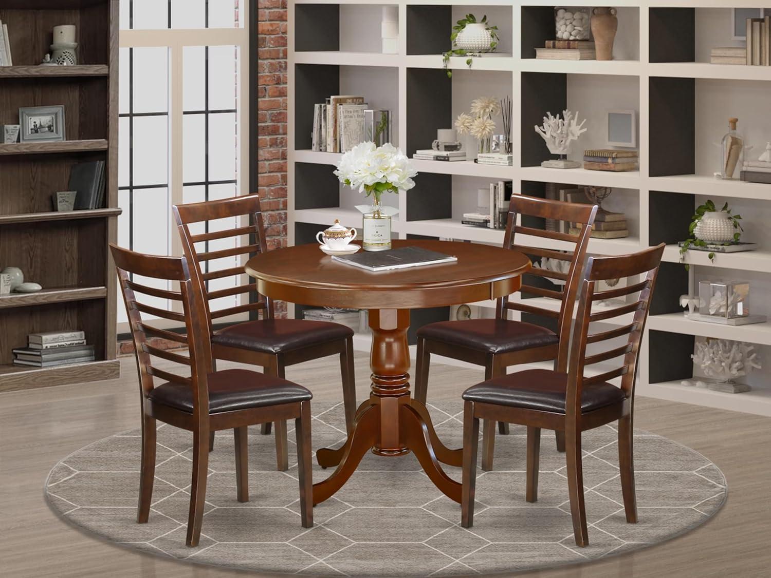 Mahogany Round Pedestal Dining Table with 4 Faux Leather Chairs