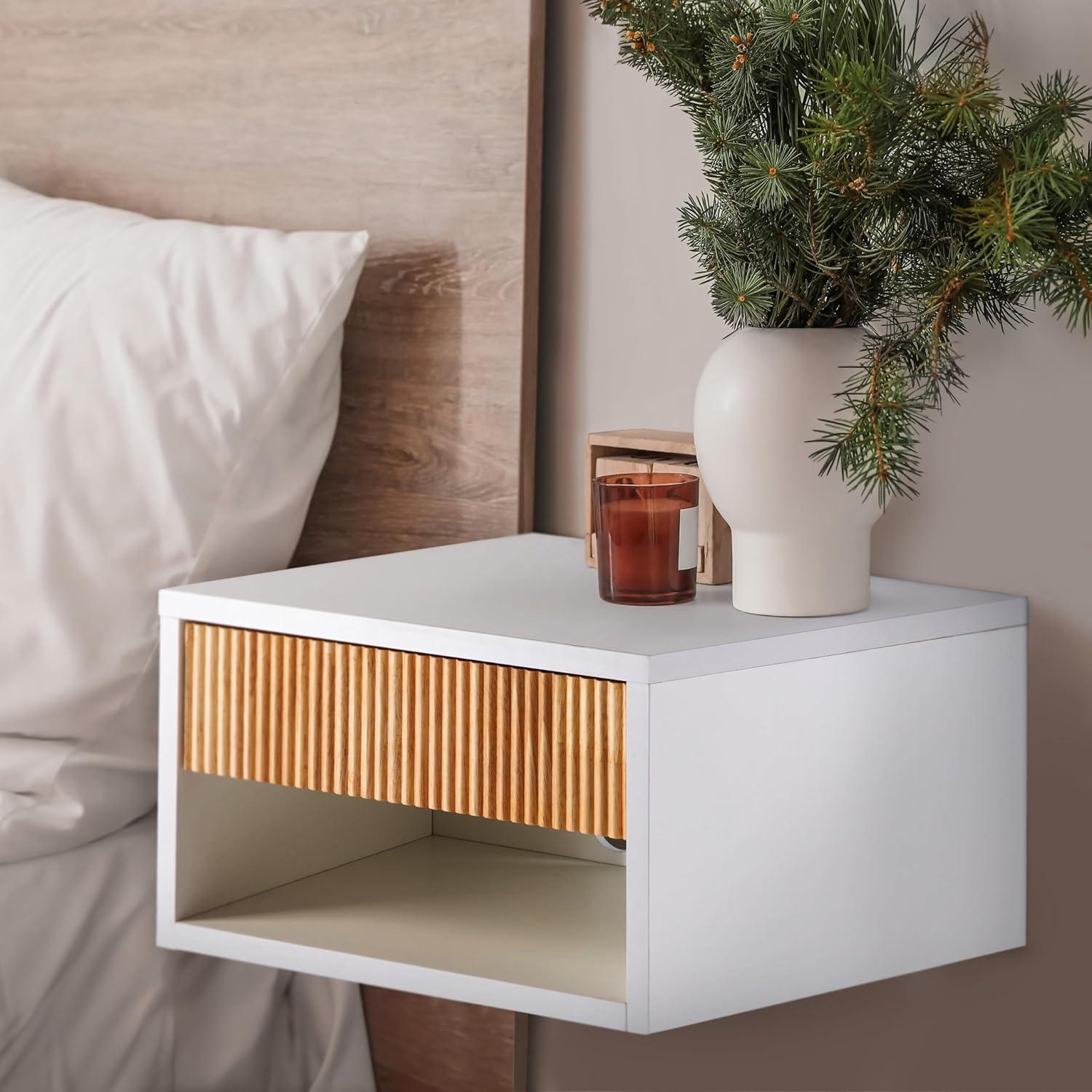 JONATHAN Y Mid-Century Modern Floating Wall Mounted Nightstand with Soft-Close Rattan Drawer and Cable Hole