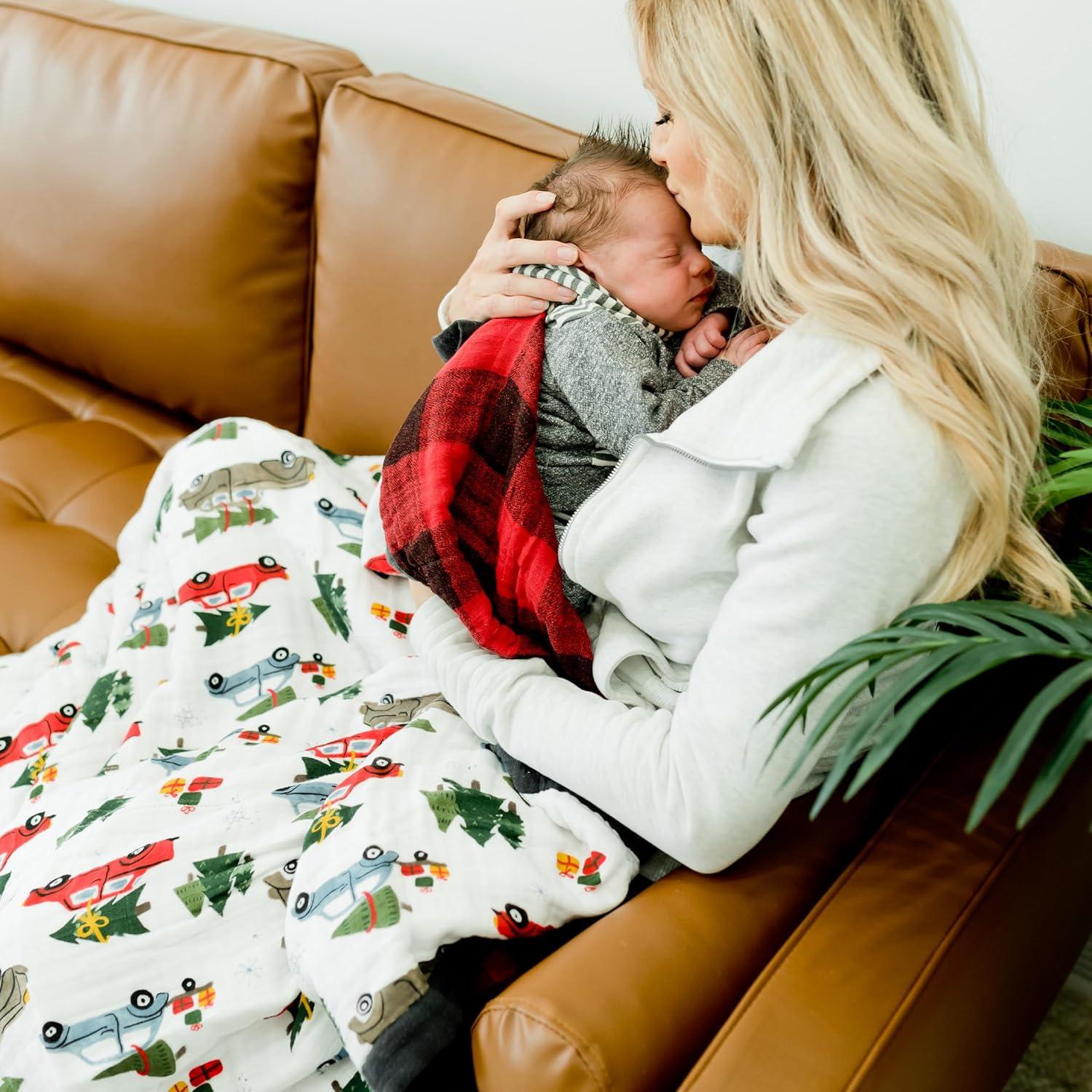 Holiday Haul Cotton Muslin Baby Quilt with Red Trucks