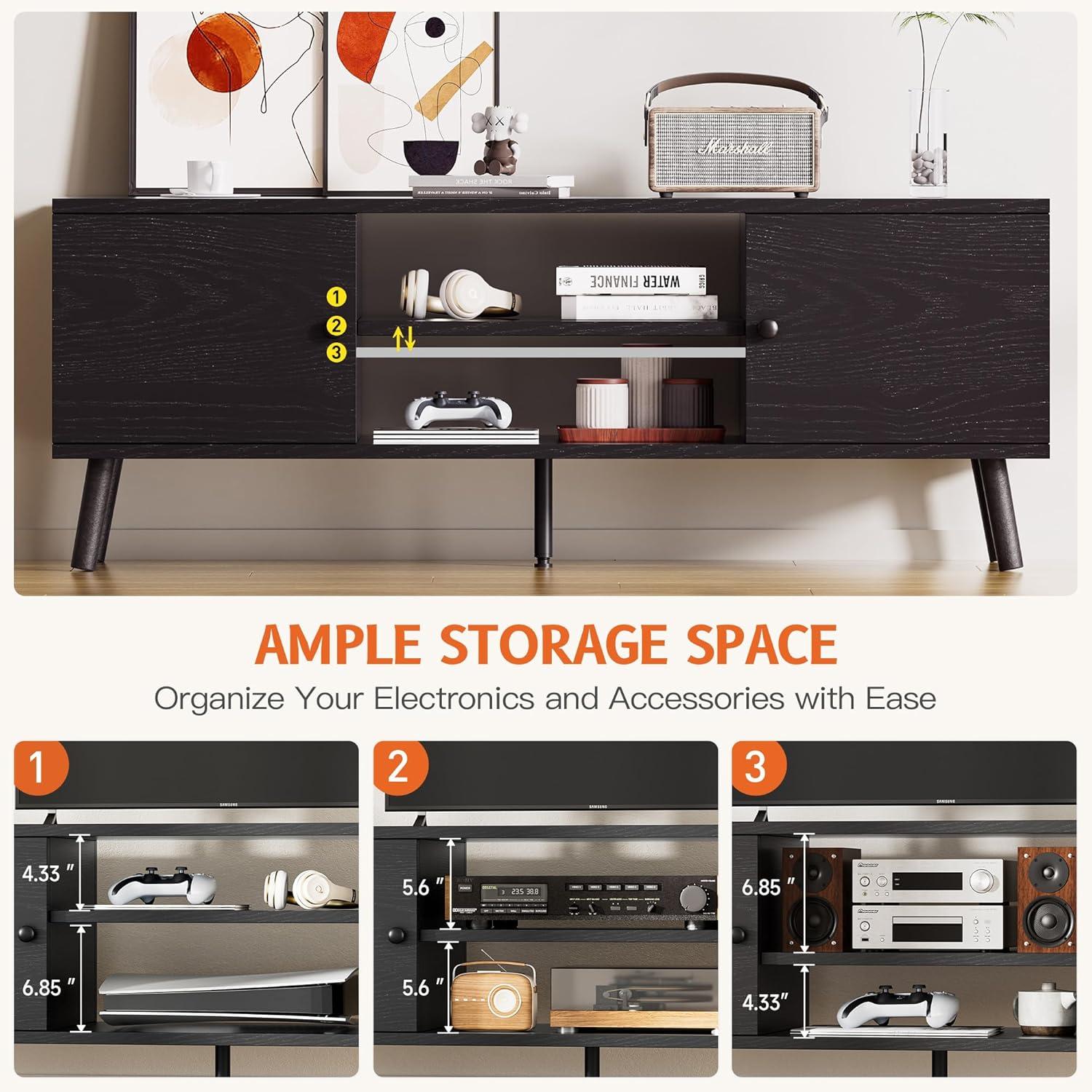Simple Deluxe TV Stand for 55 60 inch TV, Entertainment Center with Storage Cabinet, Media Console Table 2 Cabinet, Soft Hinge, Handle Door, Wooden Living Room, Office Furniture, Black