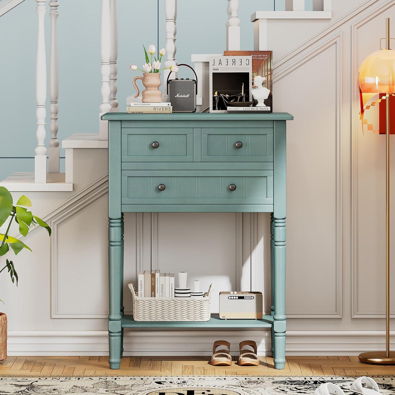 Churanty Narrow Console Table with Storage Drawers and Bottom Shelf for Entryway Living Room, Retro Console Table for Small Space, Light Blue