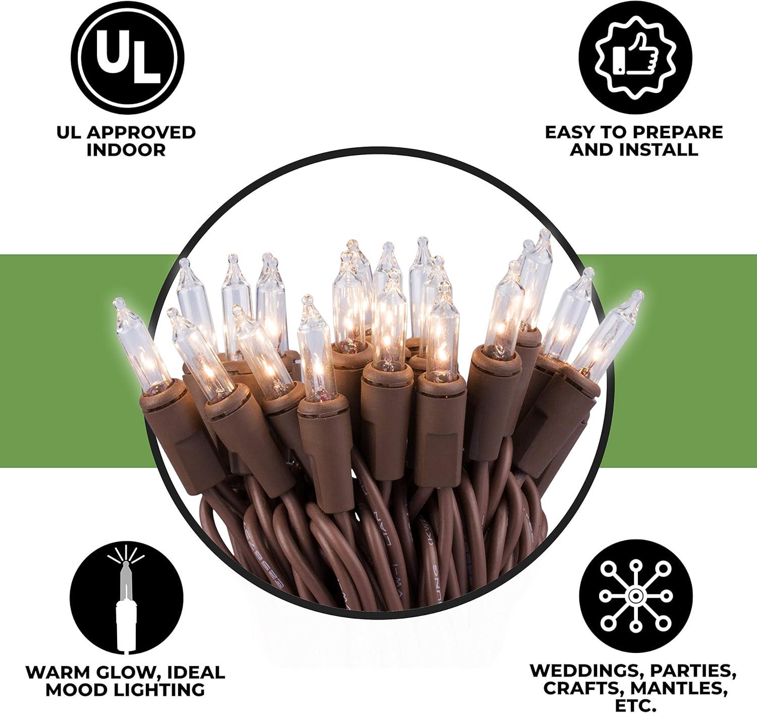 612 Vermont 35 Clear Mini Christmas String Lights on Brown Wire Cord, UL Approved for Indoor Use Only, 9 Foot of Lighted Length, 10 Foot of Total Length