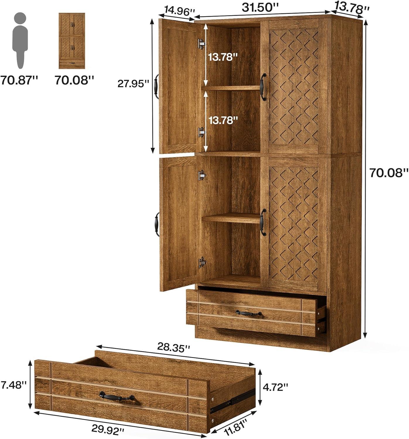 Tribesigns 70" Tall Kitchen Pantry, Farmhouse Pantry Storage Cabinet with Doors, Shelves and Drawer, Large Rustic Wood Food Pantry Cupboard for Kitchen, Dining Room, Bathroom, Brown