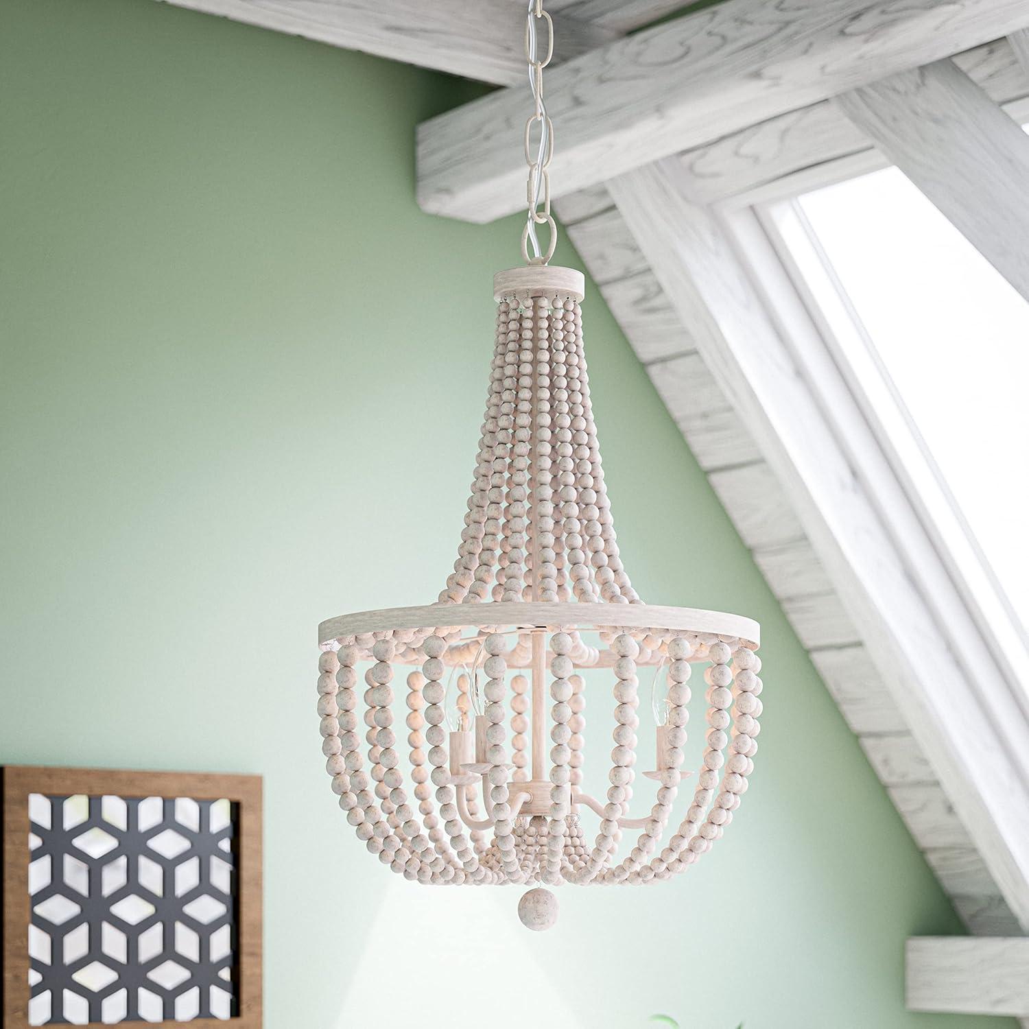 White Weathered Wood Bead 3-Light Chandelier