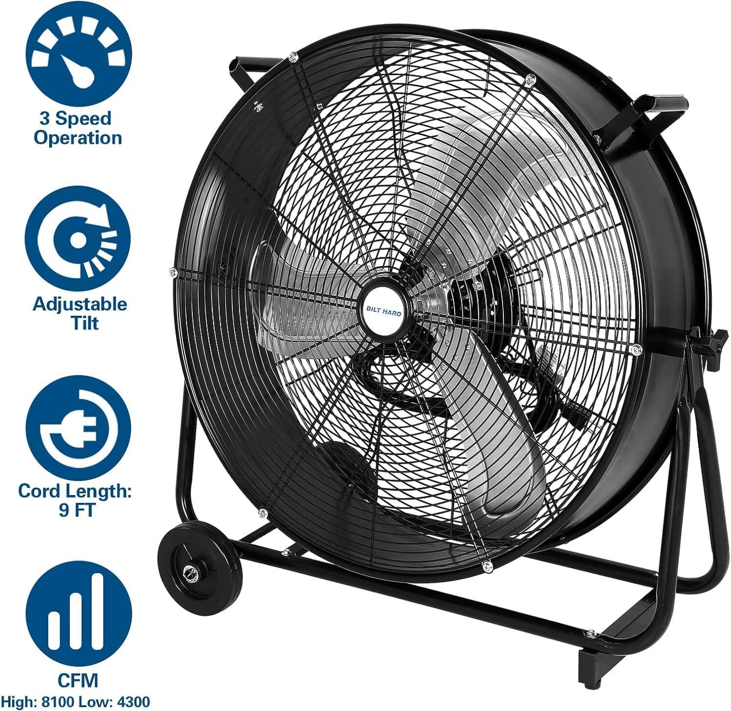 BILT HARD 24" 8100 CFM High Velocity Industrial Drum Fan, 3-Speed Heavy Duty Metal Shop Fan, UL Listed