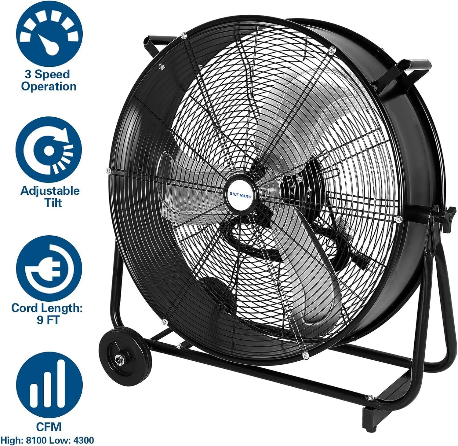 BILT HARD 24" 8100 CFM High Velocity Industrial Drum Fan, 3-Speed Heavy Duty Metal Shop Fan, UL Listed