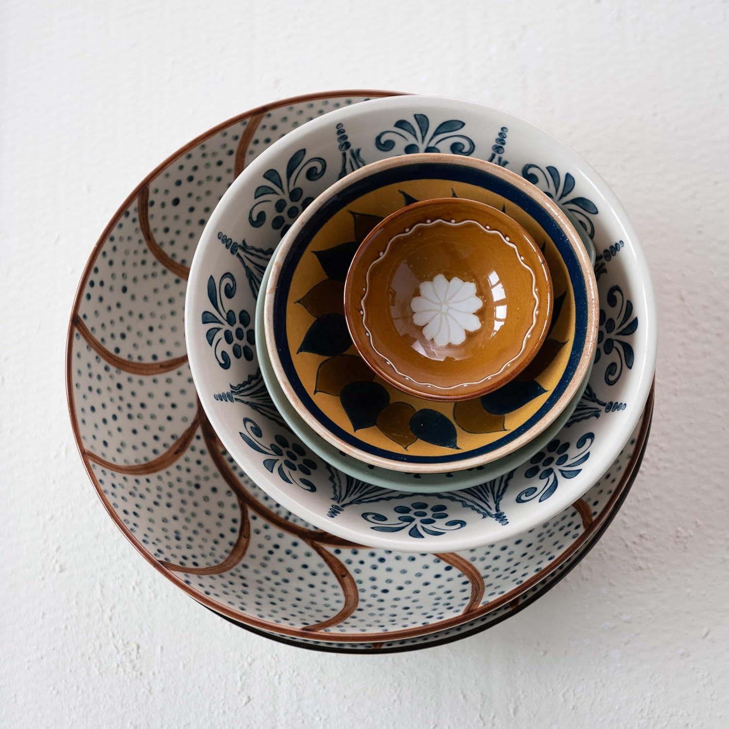 Hand Painted Blue and Cream Ceramic Serving Bowl