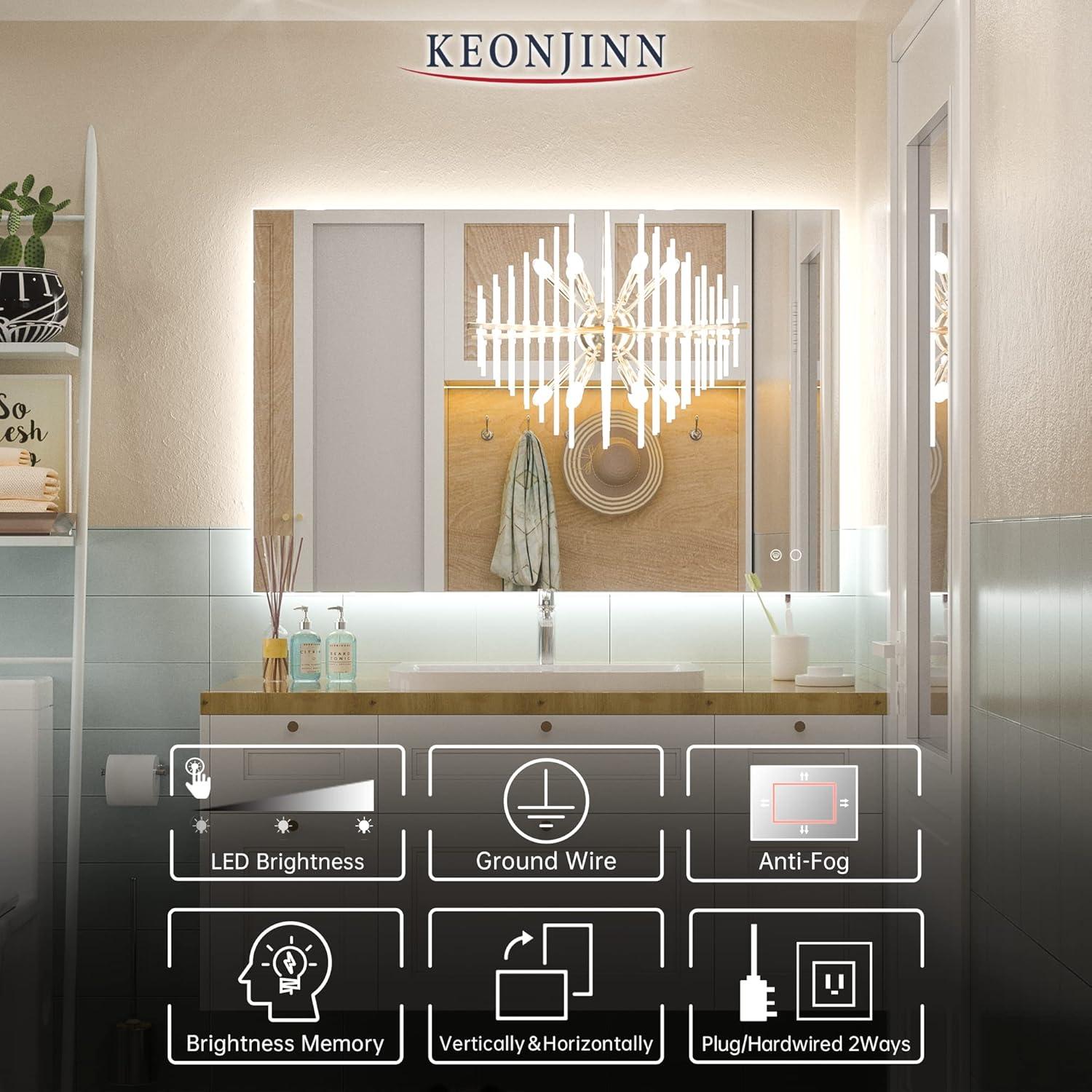 Keonjinn 40"x28" LED Backlit Mirror with Anti-Fog Dimmable Modern Rectangular Makeup Wall Mirror with Light, CRI90 Waterproof for Bathroom(Horizontal/Vertical)