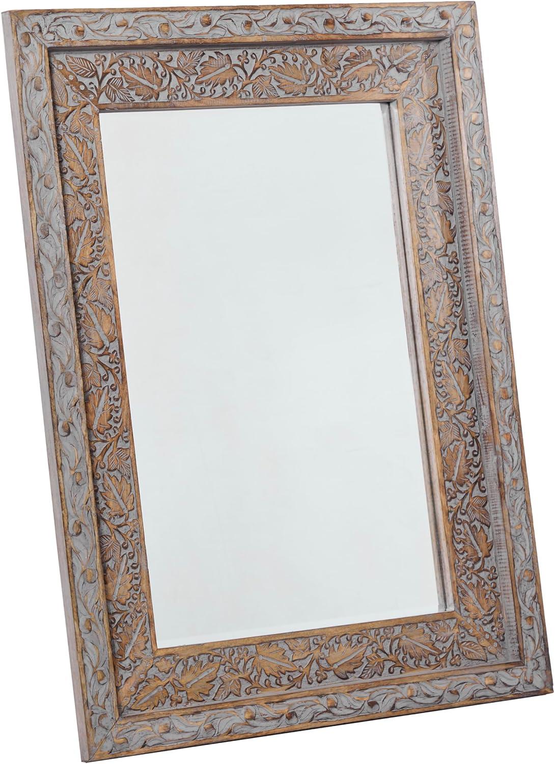 DecMode 36" x 48" Gray Handmade Intricately Carved Floral Wall Mirror