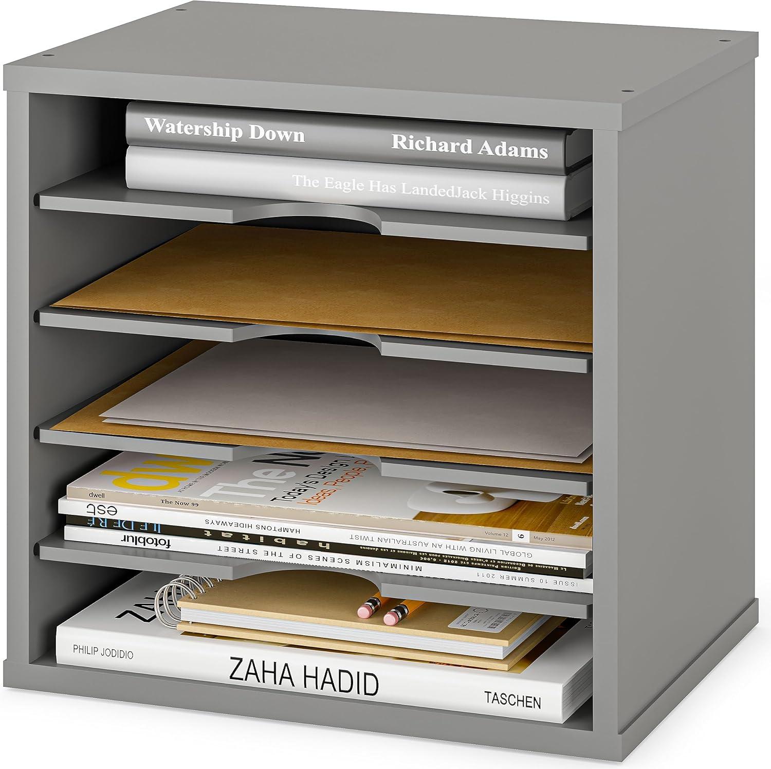 Ballucci 5-Tier Paper Organizer, File Holder, Mail Sorter, Wood Stackable Letter Tray, Gray