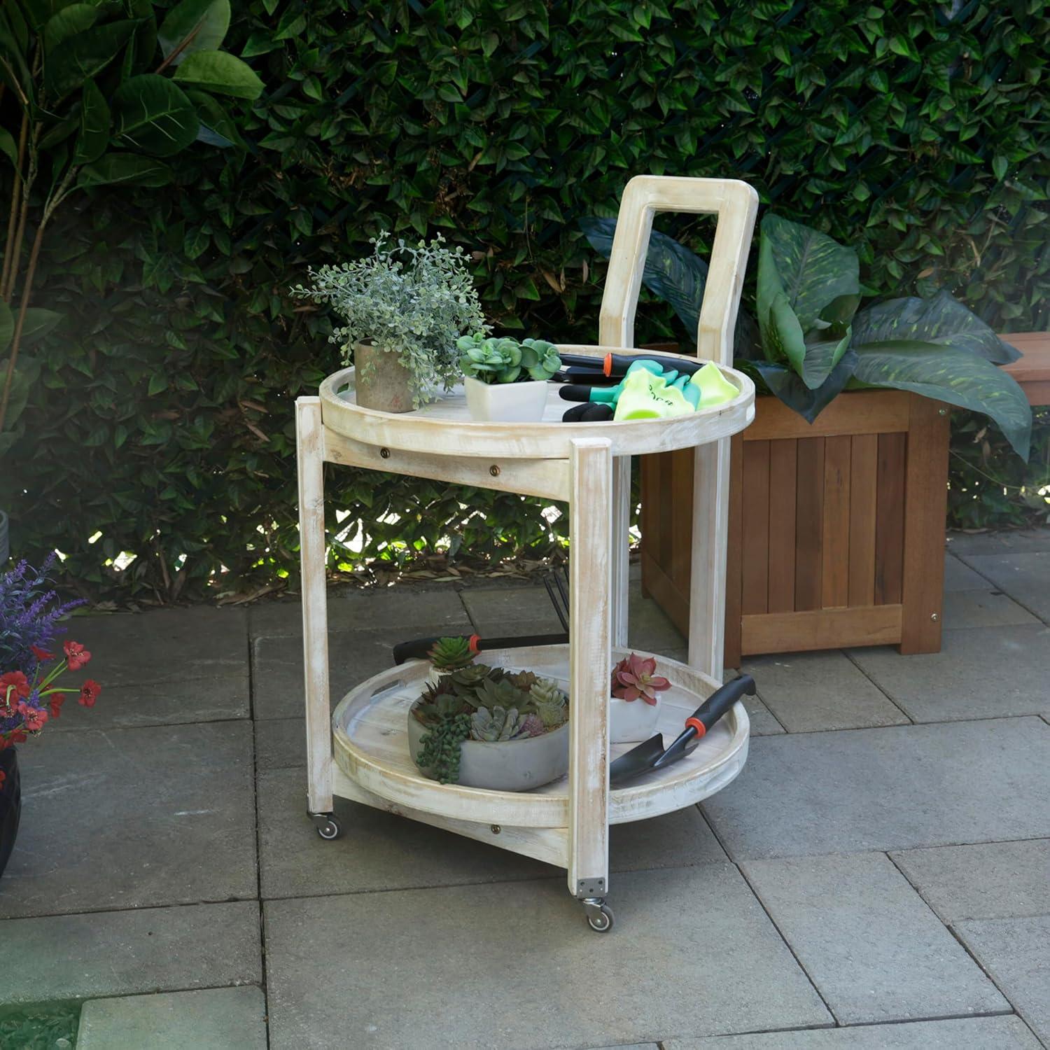 Alpine Corporation MBB172 Wood 2-Tier Rolling Storage Cart for Books, Plants, Decor, Rustic Storage Push Cart with 2 Shelves